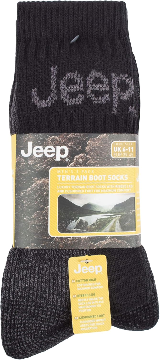 Jeep Men's Luxury Terrain Cotton Boot Socks, Thick Cushioned Socks for Boots, Heavy Duty, Outdoors, Walking, Camping and Hiking, Assorted Colour 3 Pair Pack 6-11 Black/Charcoal