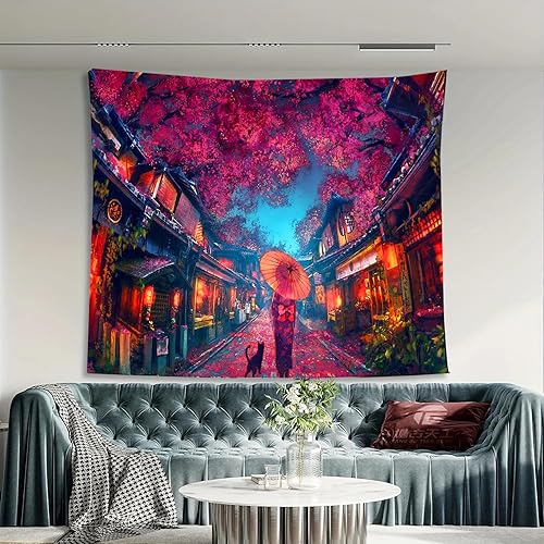 Miniatura 6 de FENDROM Tapiz de anime japonés antiguo japonés nocturno urbano paisaje, farol rojo de flor de cerezo para colgar en la pared para sala de estar,