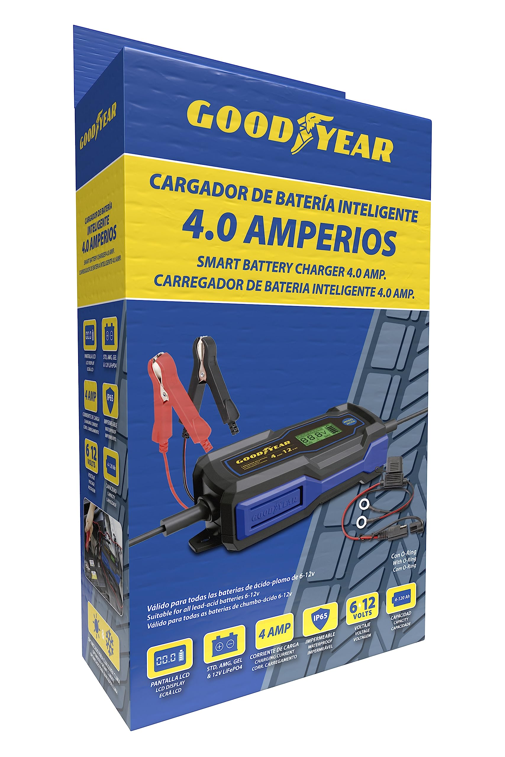 Goodyear Evo Chargeur de Batterie Intelligent 4.0 Amp avec Joint Torique 6-12V pour Les Batteries STD, AGM, Gel et LiFePO4. Capacité de 4-120Ah.