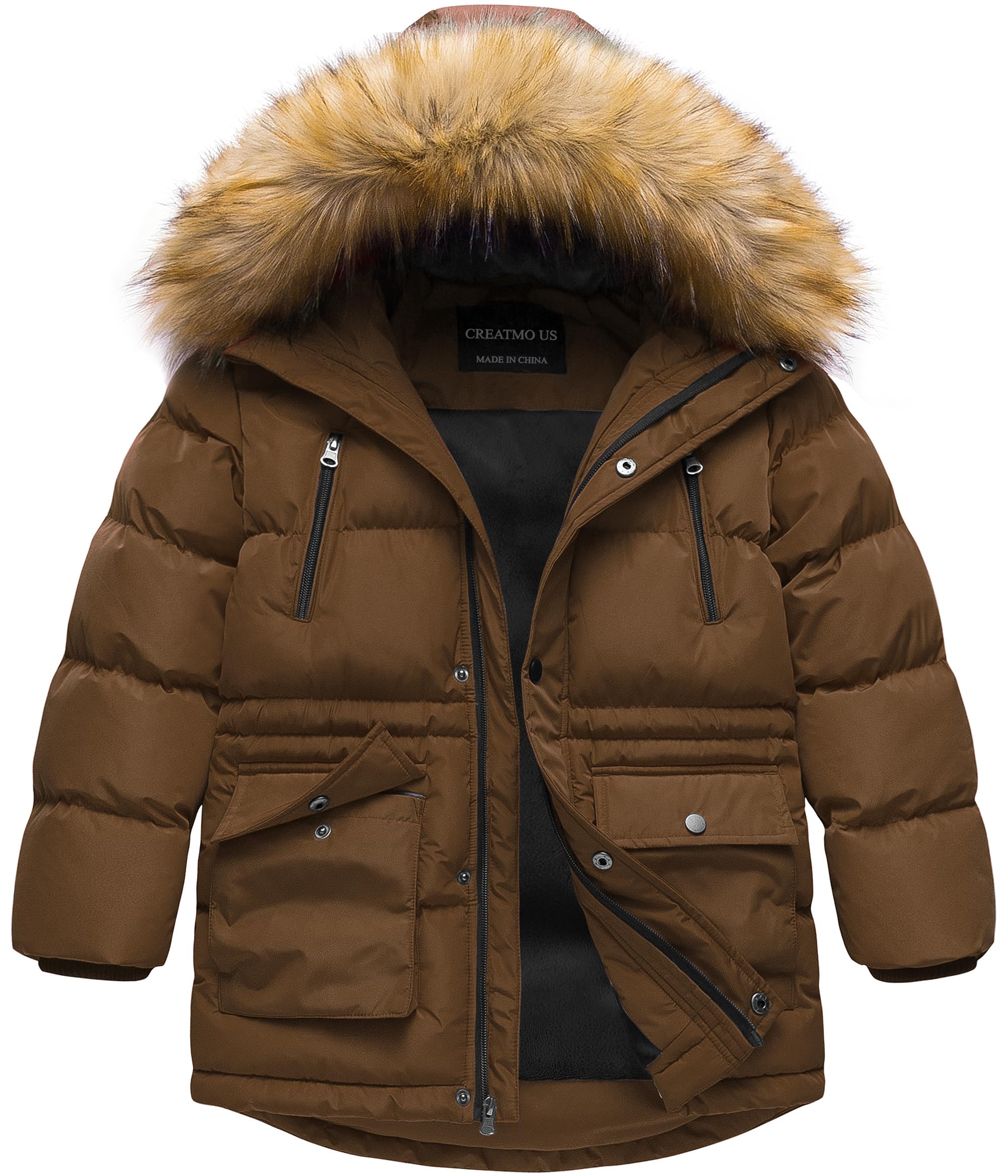 CREATMO US Boy's Winter Parka Water Resistant Hooded Puffer Fleece Lined Jackets Coats