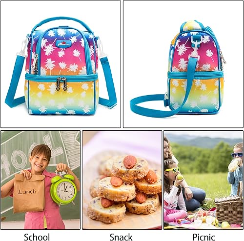 Miniatura 4 de MOHCO Bolsa de almuerzo para niños, bolsa Bento aislada con dos compartimentos para niños, niñas, escuela, bolsa de almuerzo de viaje con correa