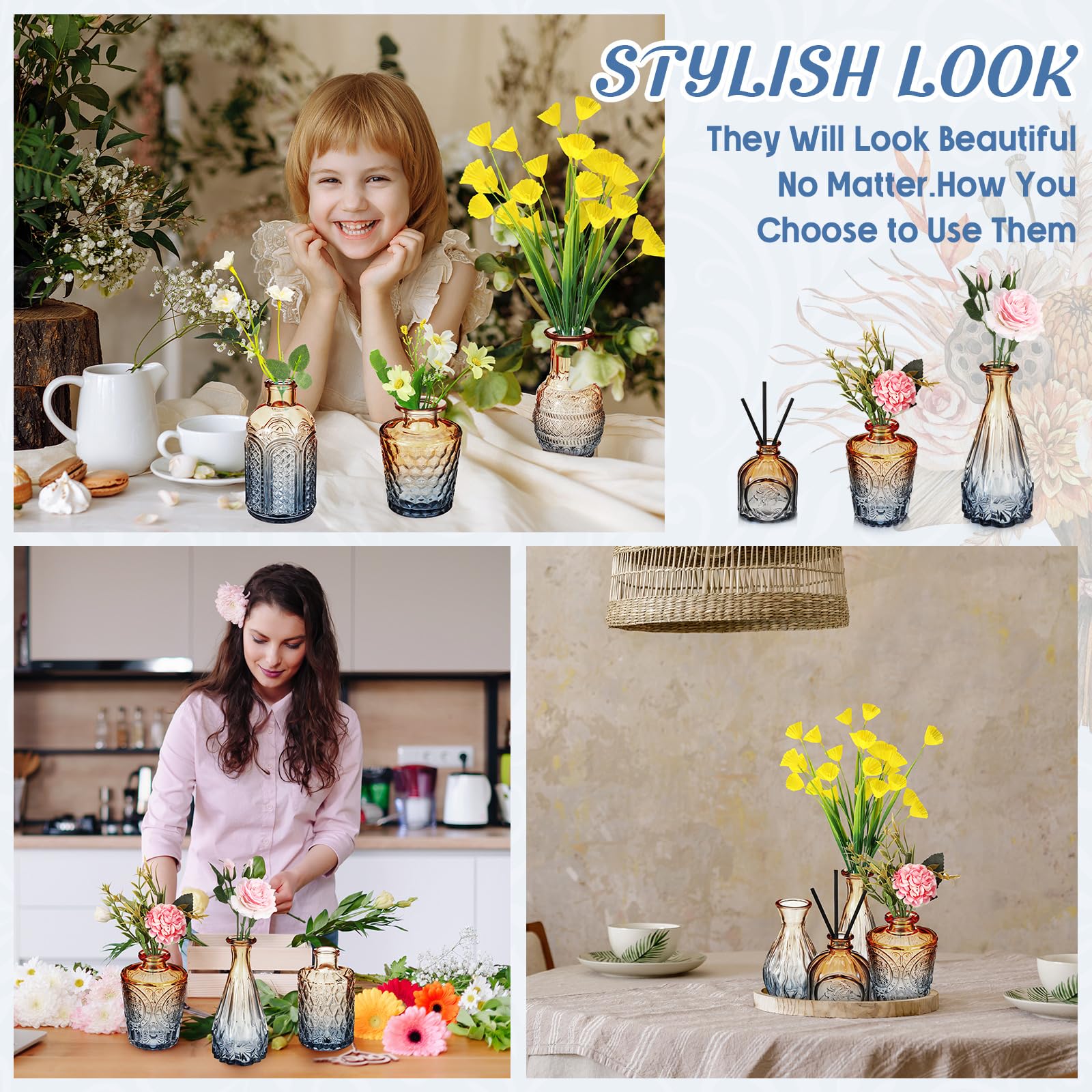 Inbagi 20 Pcs Glass Bud Vase Set, Blue Brown, Vintage Flower Vases for Centerpieces, Retro Etching Patterns, Portable and Lightweight, Suitable for Weddings, Parties, Home Decor