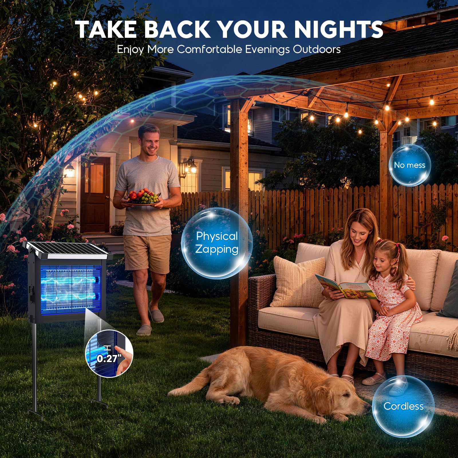 Solar Bug Zapper Outdoor, Moskito Zapper 4500V Schnurlos Wasserdicht, Auto On/Off, Portable Type-C & Solarbetriebener Insektenvernichter, Elektrischer Mückenfalle Fliegenvernichter für Terrasse