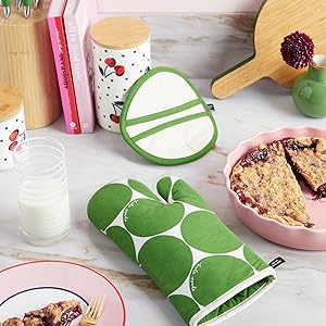Kate Spade New York Joy Dot Oven Mitt & Pot Grabber 2-Pack Set, 7" x 13", 8" Round, Green/Cream