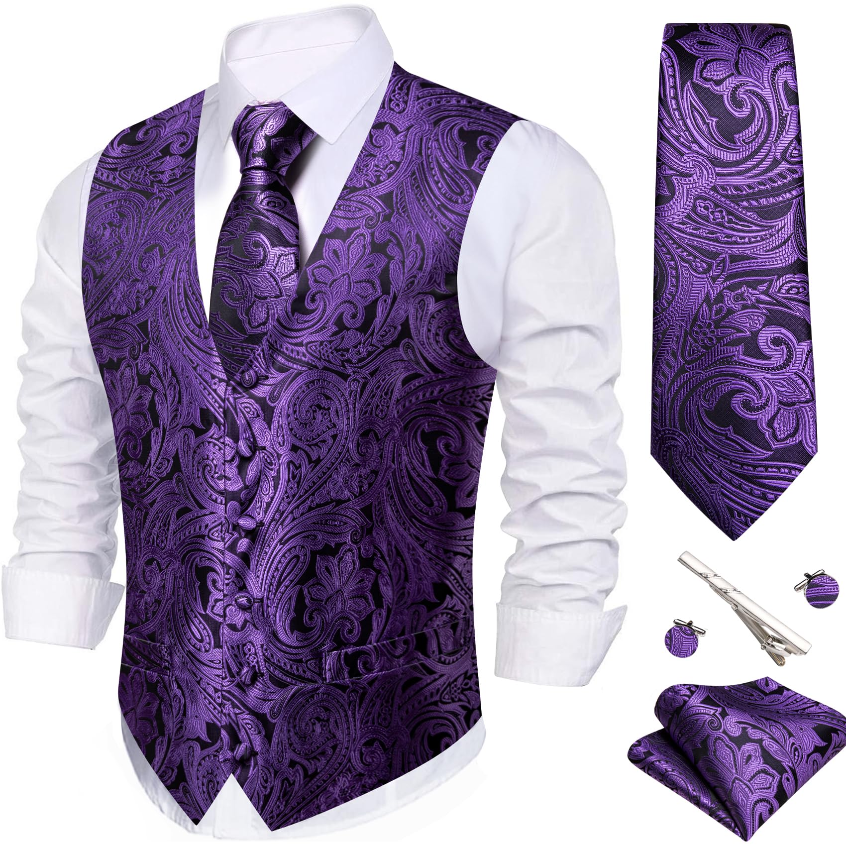 Barry.Wang Men's Suit Vest Formal/Casual Paisley Silk Tie Vests 5PCS