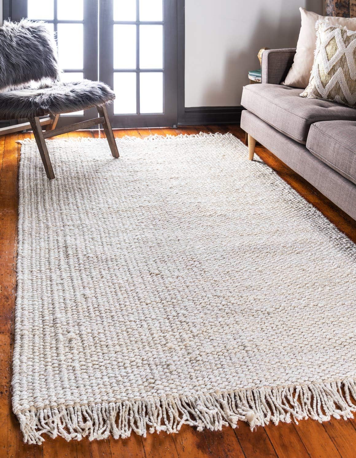 Unique Loom Chunky Jute Collection Solid, Transitional, Bohemian Area Rug (5' 0 x 8' 0 Rectangular, Ivory)