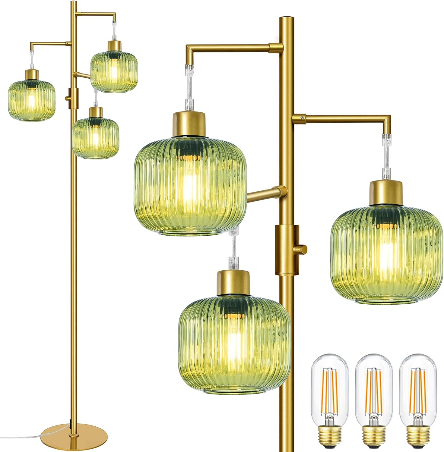 Floor Lamp for Living Room, Dimmable Standing Lamp with Green Glass Shade, Modern Gold Tall Lamps for Bedroom, 3×600LM LED Bulbs Included