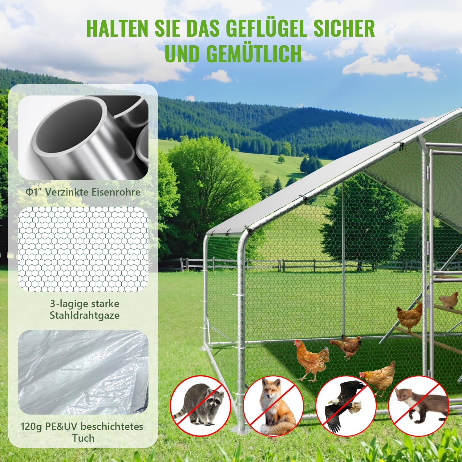 Grande pollaio in metallo, 3 x 2 x 2 m, con tetto, per giardino, resistente alle intemperie, per 6-10 polli, con accessori e scala