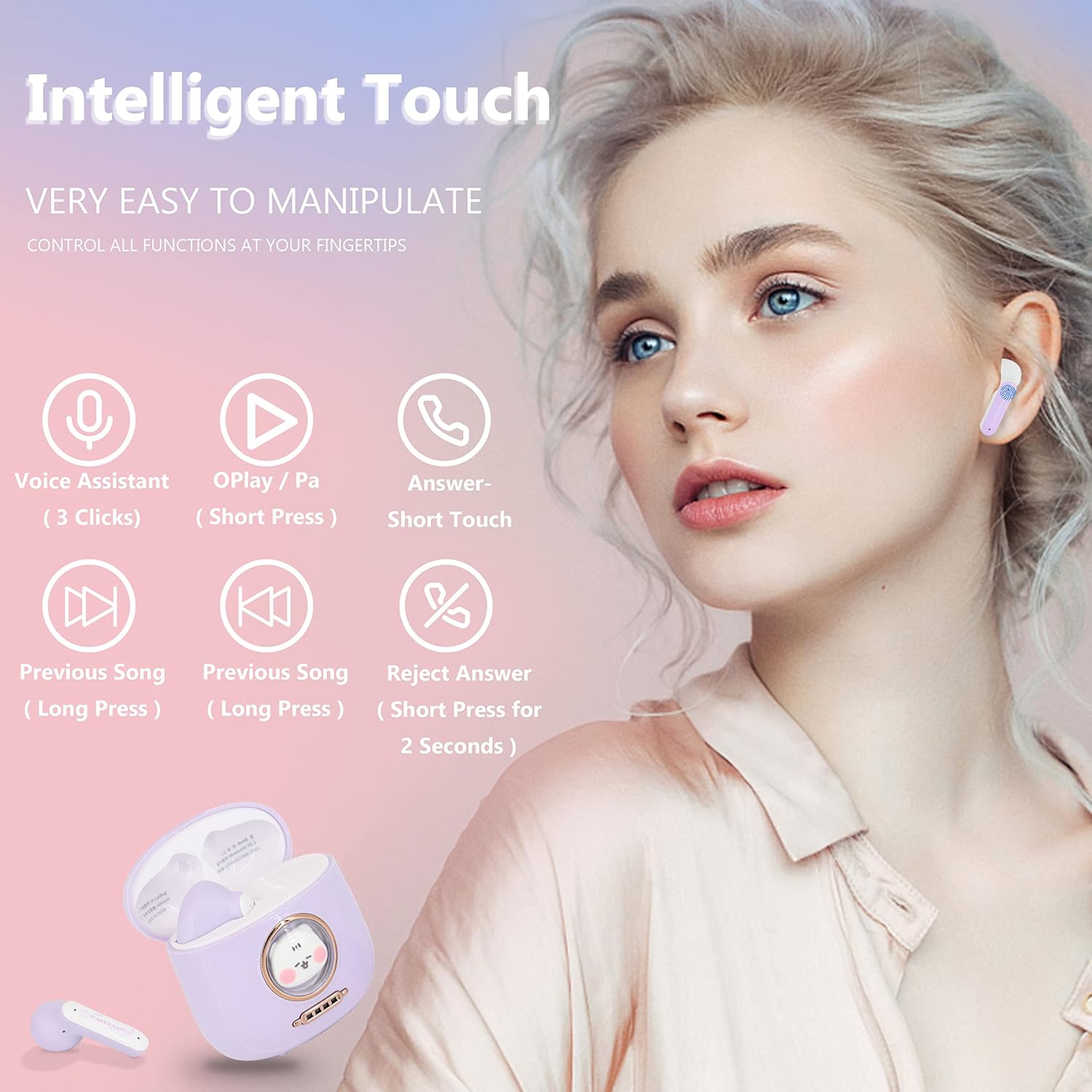 Wireless Cat Earbuds for Kids, Cute Cartoon Bluetooth 5.4 Headphones, Hearing Protection, LED Light Charging Case, 13mm Stereo Driver, 24H Playtime, Touch Control, for iPad Phone Tablet