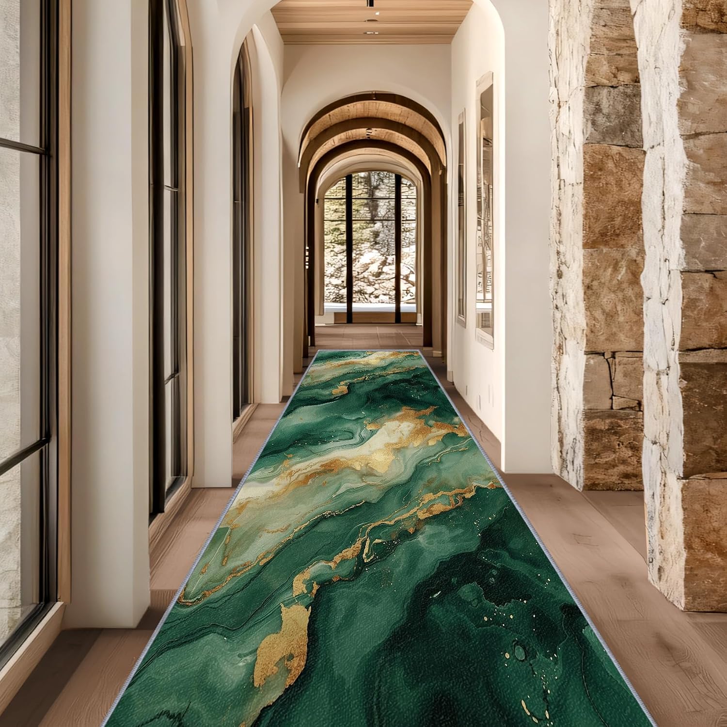 Marble Runner Rug, 2x6ft, Emerald Green and Gold Runners for Hallways, Abstract Modern Luxury Runner Rug Non Slip Soft Home Decor #M211