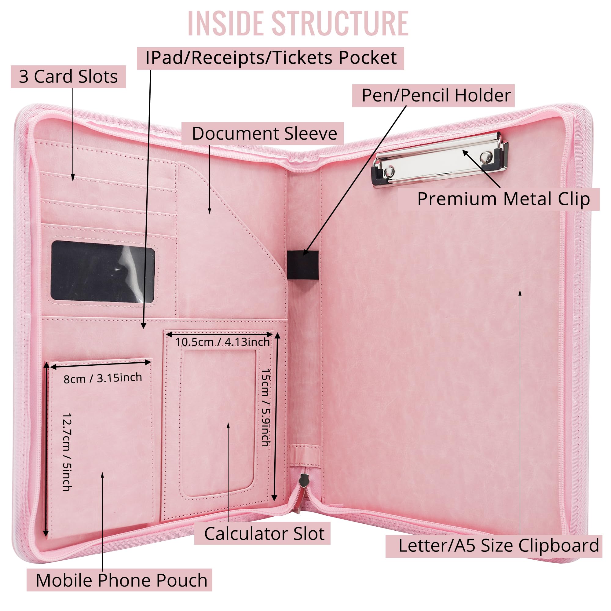 GraduatePro Porta Documenti A4 Pelle Portablocco Con Pinza Impermeabile Rosa