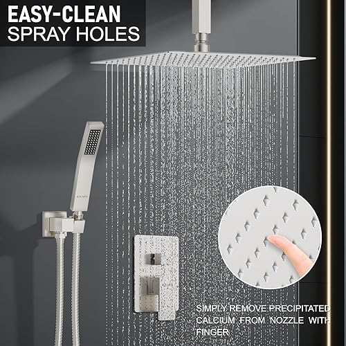 Miniatura 2 de Sistema de ducha montado en el techo de 12 pulgadas con cabezal de ducha de lluvia, cabezal de mano y válvula de ducha, kit de molduras de níquel