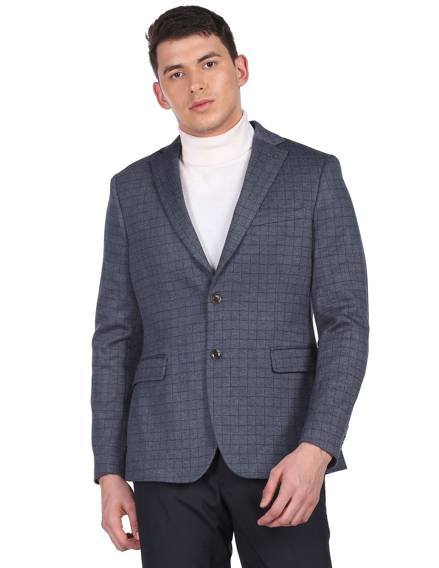 Men Blue Slim Fit Check Formal Blazer-image-17