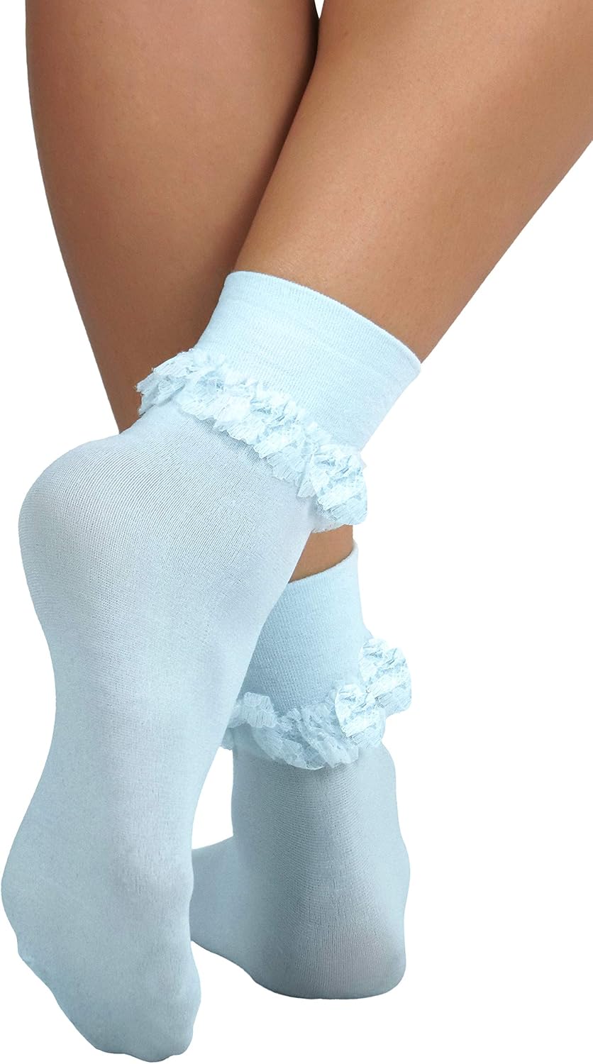 ToBeInStyle Women's Opaque Ankle High Nylon Fashion Socks w/Ruffle Lace Trim image 2