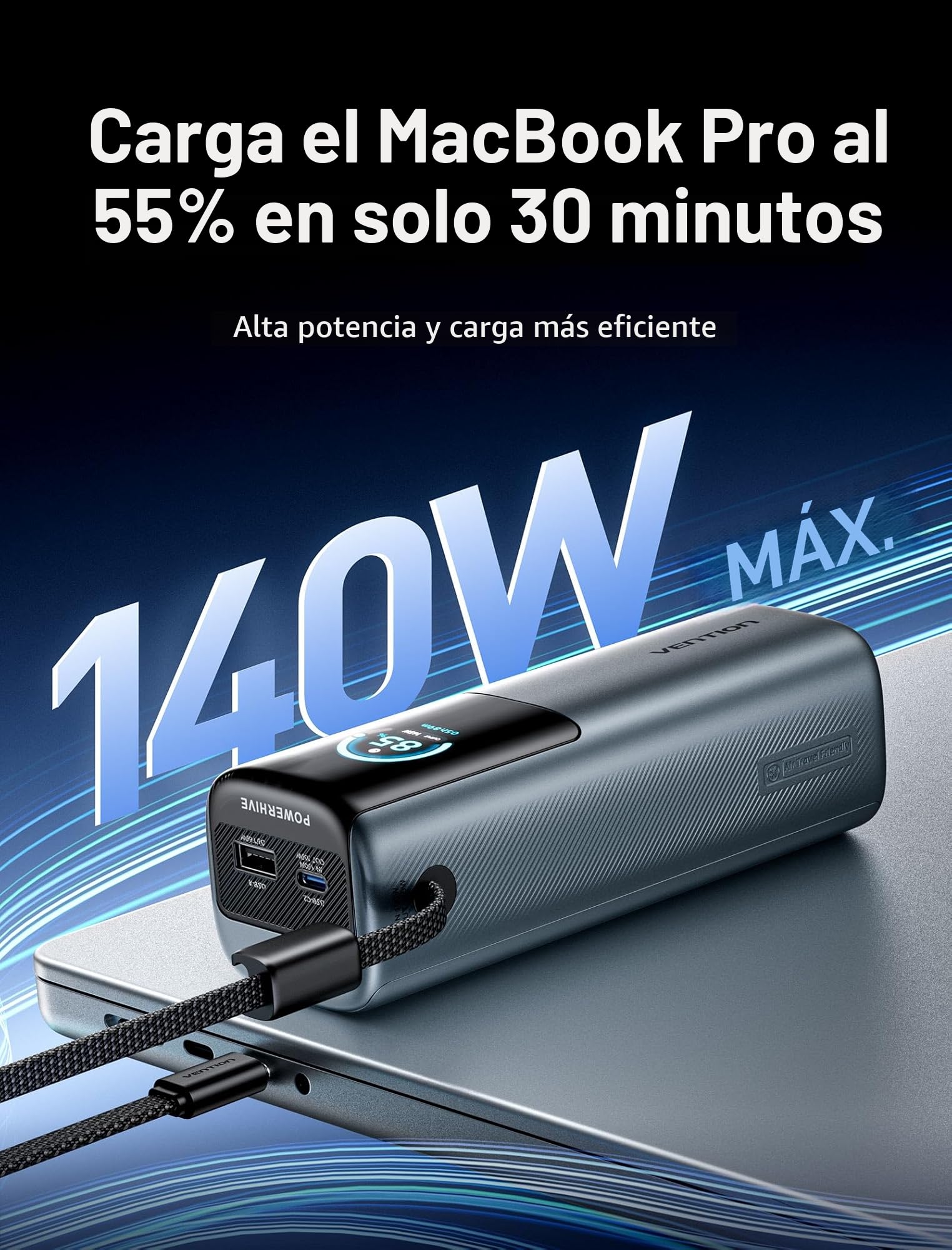 VENTION Power Bank 27000 mAh 200W, batería Externa Carga rápida con Pantalla Digital y animación Emoji, Cable USB-C Integrado, 2× USB-C + USB-A, para MacBook Pro, DELL/HP, iPhone 17/16/15, Galaxy