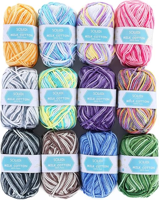 SOLEDI Wool for Crochet 12*50g Balls 5 ply Double Knitting Wool Soft, Crochet Yarn Packs with Bag and 2 Crochet Hooks, for Knitting Hats Gloves Blankets Dolls etc