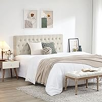 Vista 4 de Kingfun Cabeceras con diseño moderno de botones, cabecera de cama tapizada y acolchada de tela de lino premium, cabecera de madera maciza ajustable