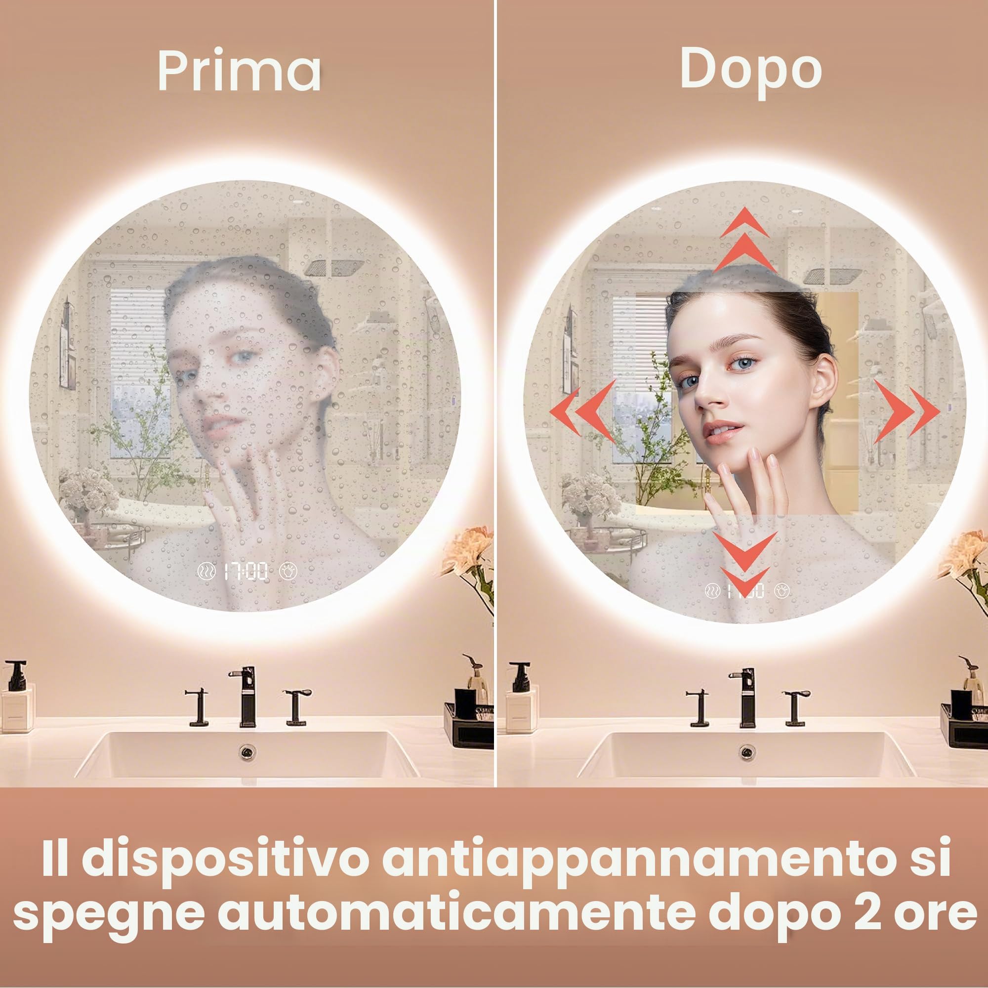 Specchio da Bagno a LED Rotondo, 70x70 cm, con Illuminazione Dimmerabile, Interruttore Touch e Funzione Anti-Appannamento, Specchio bagno con luce Bianco Caldo/Bianco Freddo/Neutro