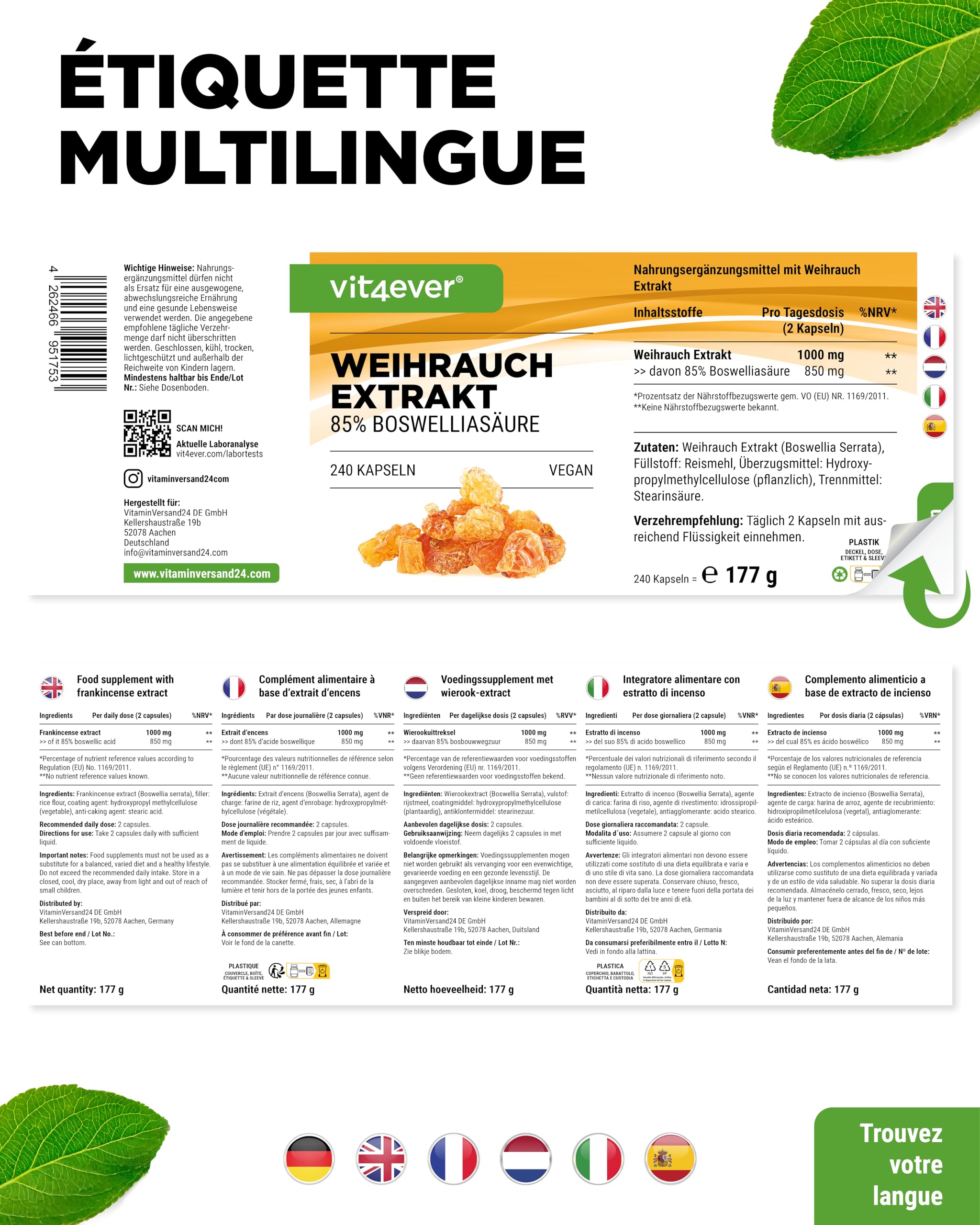vit4ever Extrait d’Encens - 240 capsules Véganes - 1000 mg par Portion Quotidienne - Avec 85% d’Acides Boswelliques issus de Véritable Boswellia serrata Indien - Hautement Dosé & Qualité Premium