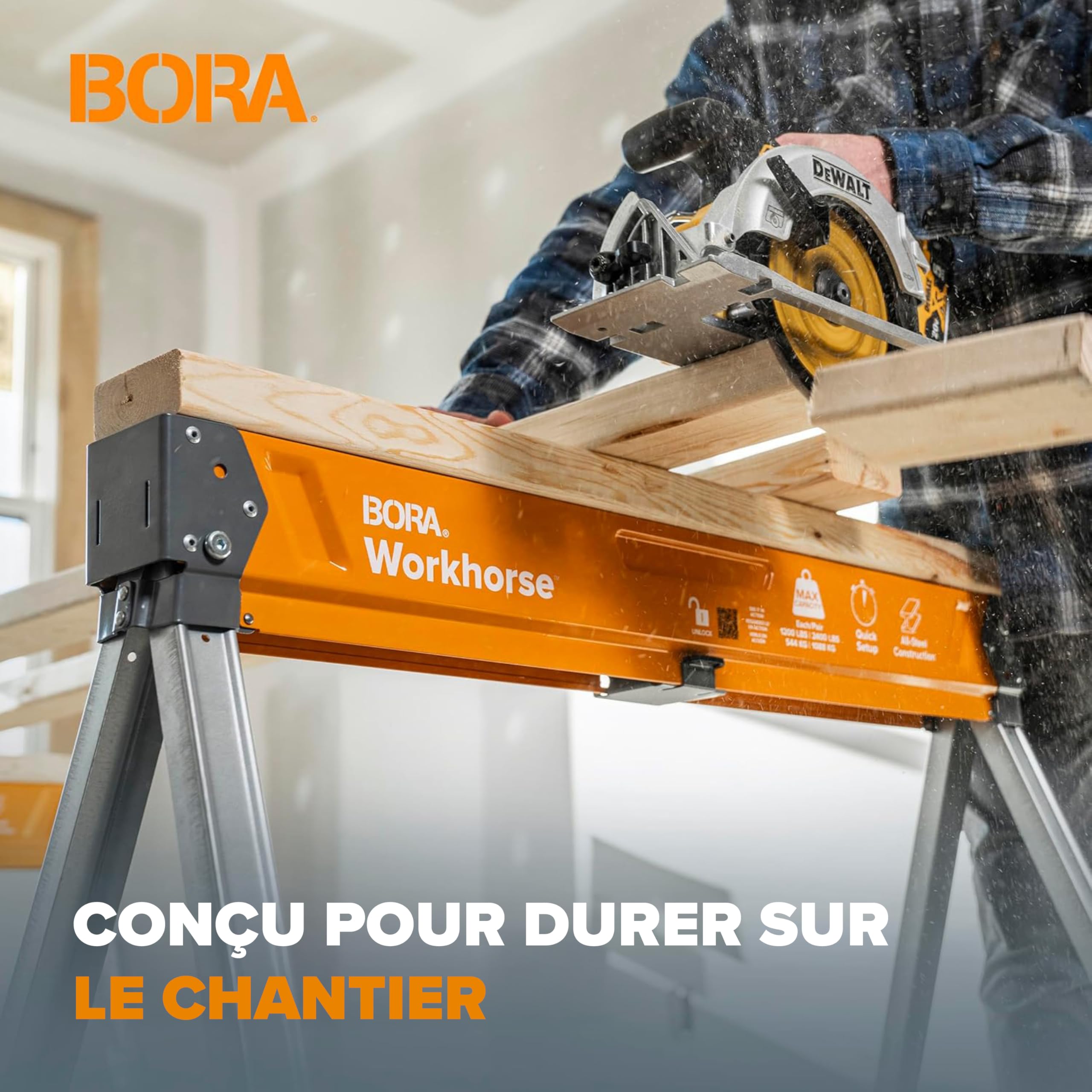 BORA Workhorse PM-3330T Lot de 2 chevalets de sciage pliables et robustes avec pieds réglables pour entrepreneurs et établi portable Orange