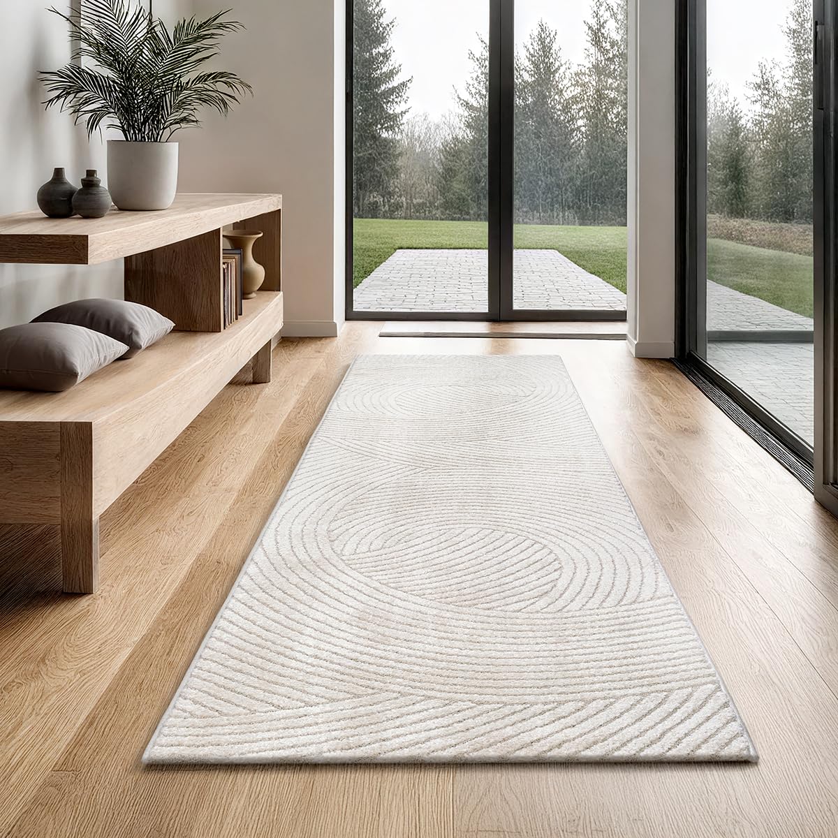 the carpet Everest, Modern Short Pile Rug, Living Room, Bedroom, with High-Low Effect, 3D Effect, High Pile Density and Pleasantly Soft, Lines, Op-Art, Cream, 80 x 300 cm