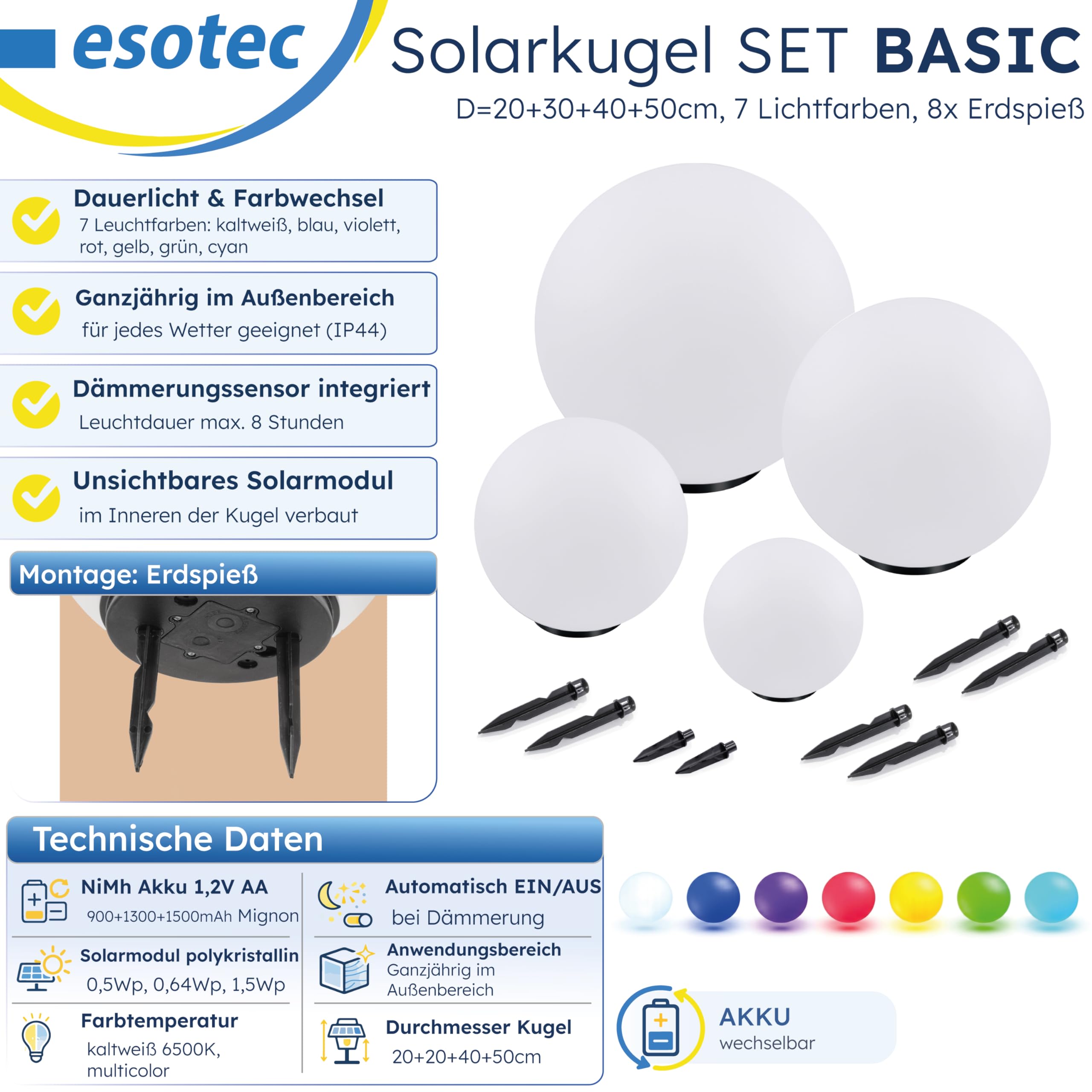 Esotec Solarkugel für den Garten, 4er Set, 7 Farben, multicolor, Bodenleuchten, Akku, LED Solarkugel, Solarleuchte, Kugelleuchte, 6500K, außen, winterfest, outdoor, 102615
