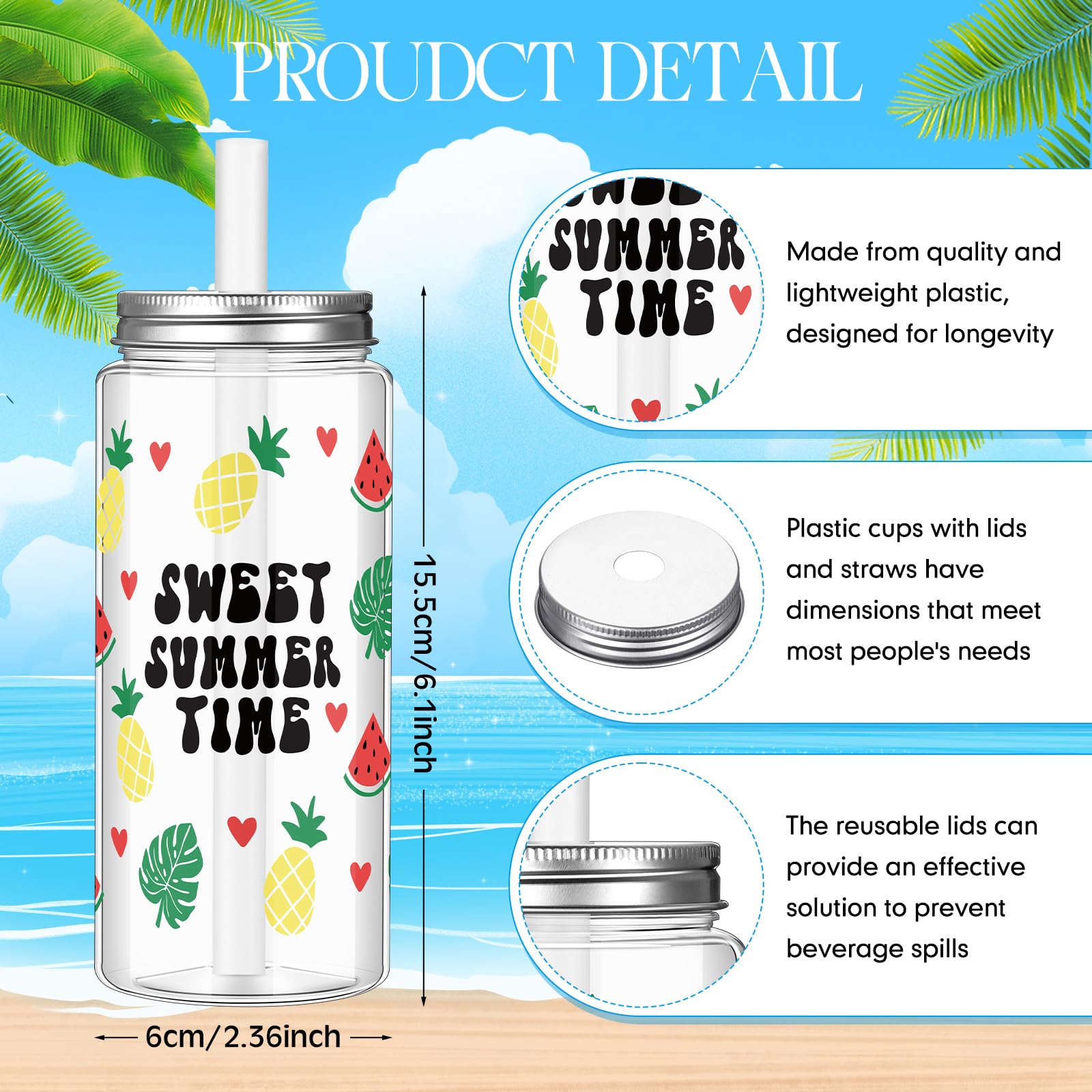 Hawaiianische Kunststoffbecher Mit Deckel & Strohhalmen – 12 Stück, 383 Ml, Für Partys, Strand & Mehr