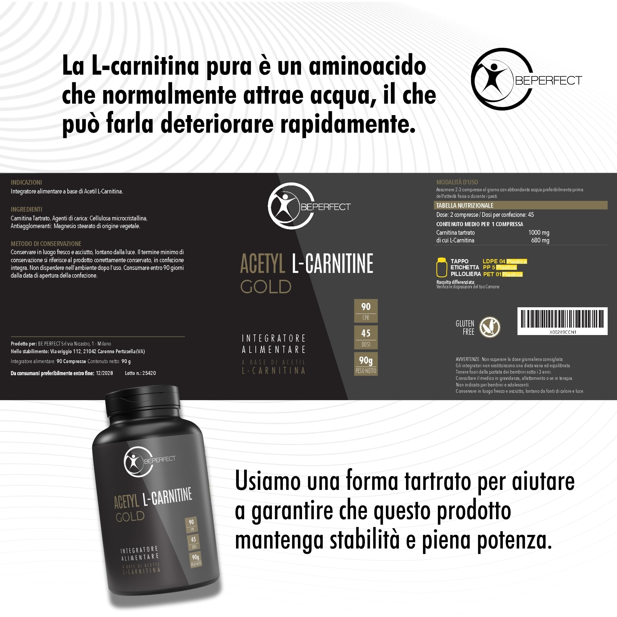 Acetil L-Carnitina Tartrato Integratore – 3360 mg per Dose – 90 Compresse – Supporto Metabolico ed Energetico per Sport, Recupero e Attività Fisica