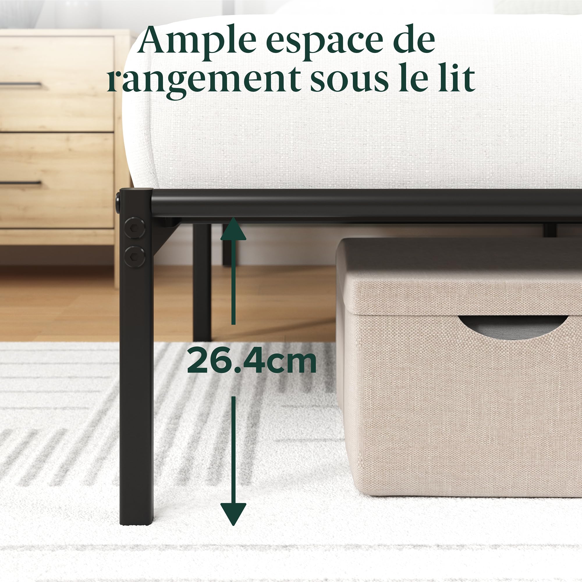Zinus Elias Sommier 140x190 cm avec Lattes en Métal - Cadre & Tête de Lit 2 Personnes en Métal - Hauteur 30 cm pour Rangement - Montage Facile - Noir