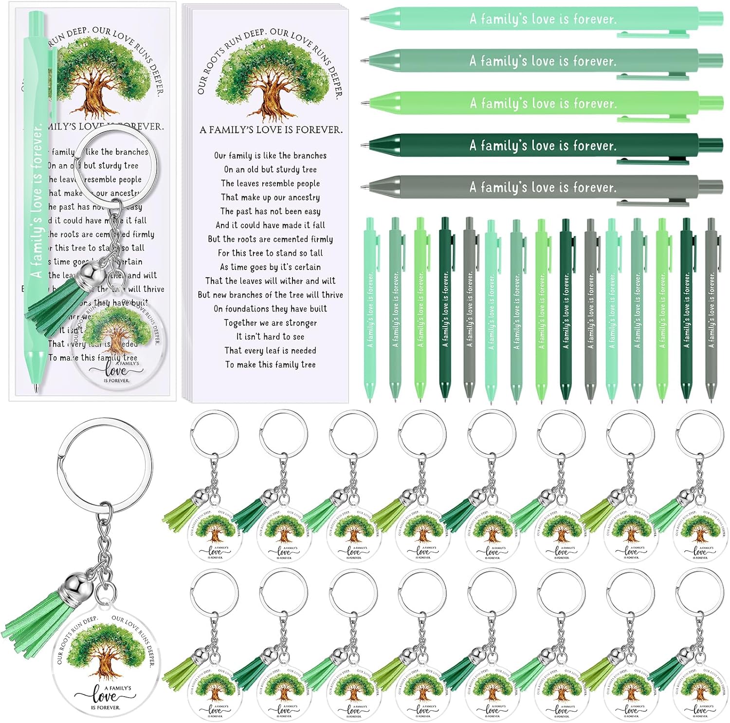 Sayglossy 60 Sets Family Reunion Favors Retractable Ballpoint Pen and Tree Acrylic Keychains with Tassels Cards and Gift Bag Bulk Family Reunion Gifts for Party Guest