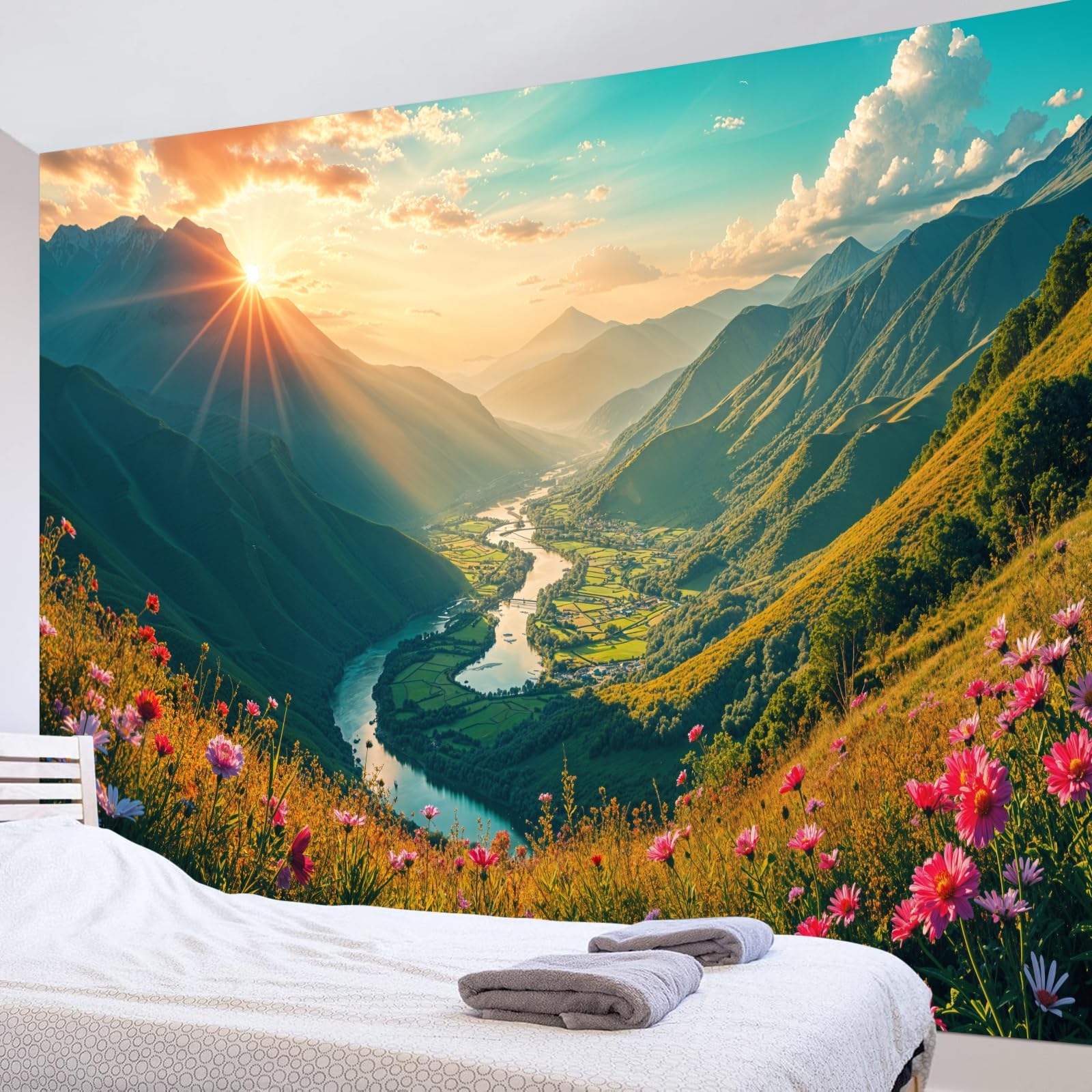 Calefee Wandteppich xxl 350x256, Wandteppich Natur Sonnenuntergang Berge Fluss Blumen Landschaft, Wandbehang Deko Teppich für Schlafzimmer