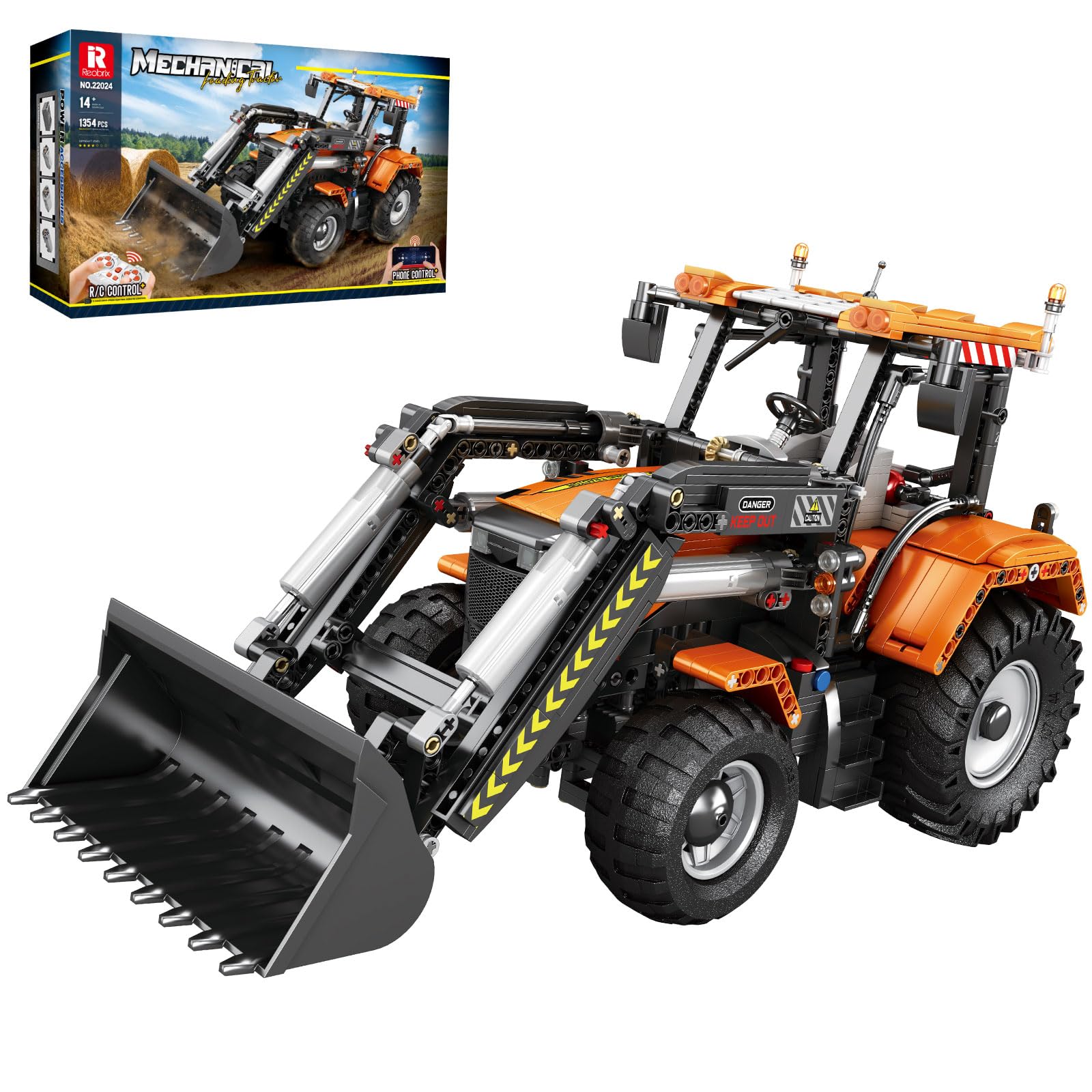 Reobrix Loader Tractor Building Block Toy with Motorset, APP/Remote Control Bulldozer Engineering Contruction Brick Vehicle, 22024 RC Technical Digger Car Gift for Adult Child 14+ (1354Pcs)