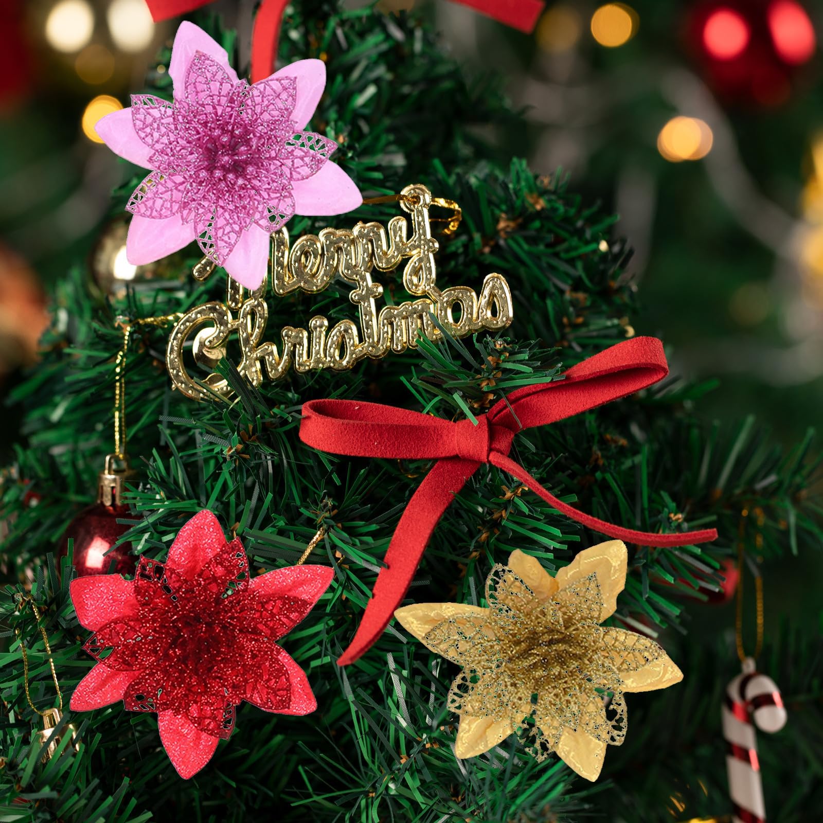TOYANDONA 100 Unidades Flor de Navidad Artificial para Árbol y Coronas,