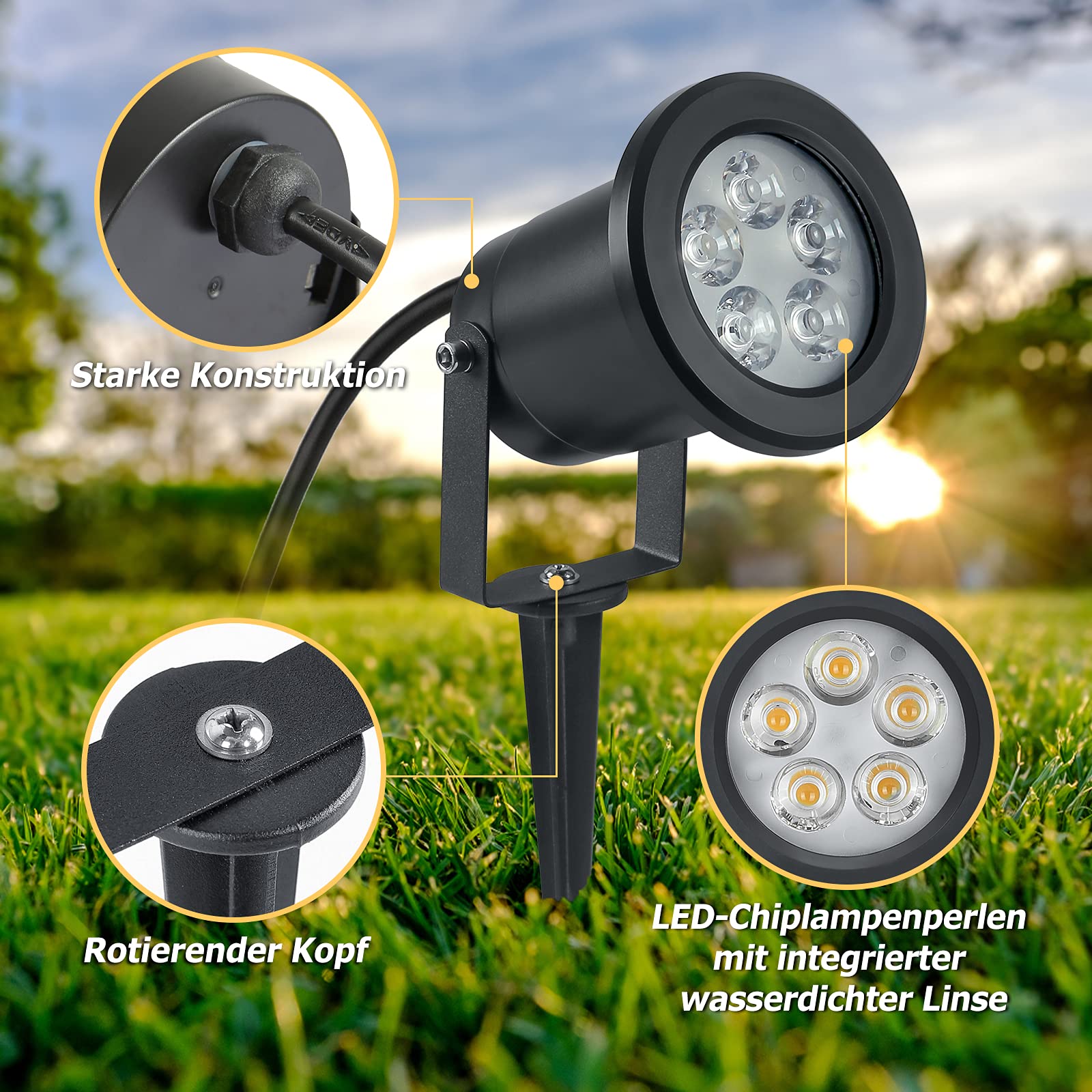 Aufun 8 lampade da giardino a LED da 3 W con picchetto, luce bianca calda, nero opaco, impermeabile IP65, per esterni, giardino, laghetto, paesaggio, senza spina Schuko (8 x 3 W, bianco caldo)