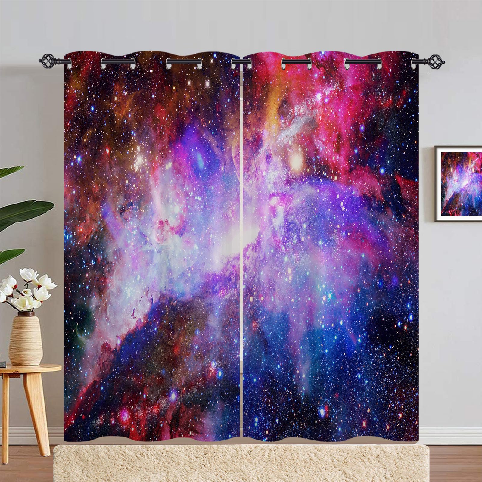 ANHOPE Galaxy Curtains Eyelet Ring Top Soft Thermal Insulated Blackout Curtains Cosmic Space Nebula Stars Print Pattern Decorative Window Drapes for Bedroom Living Room 55 x 90 Inch 2 Panels