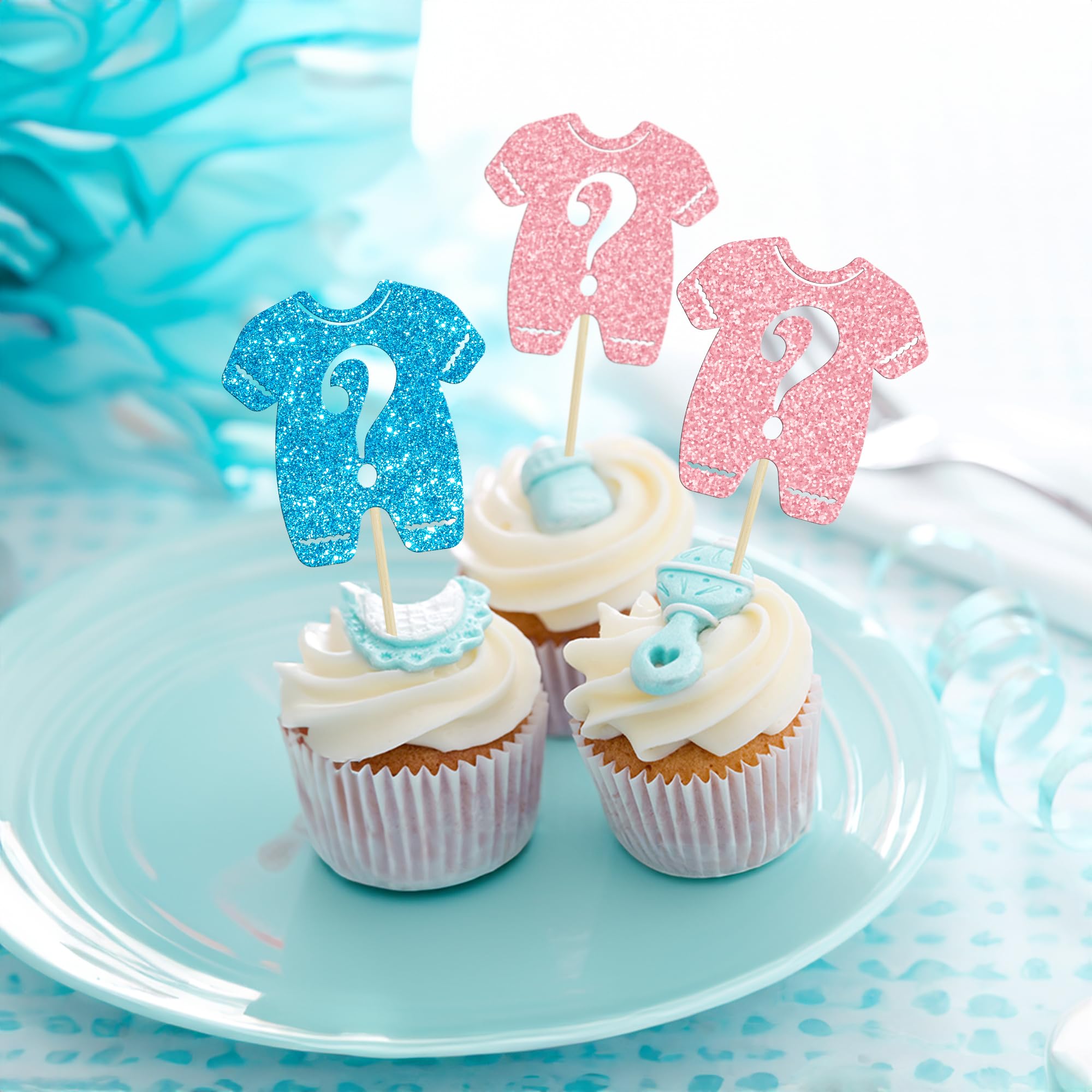 24 Decorazioni Per Cupcake Rivelazione Di Genere - Oro Glitterato Con Papillon Rosa E Blu - Baby Shower