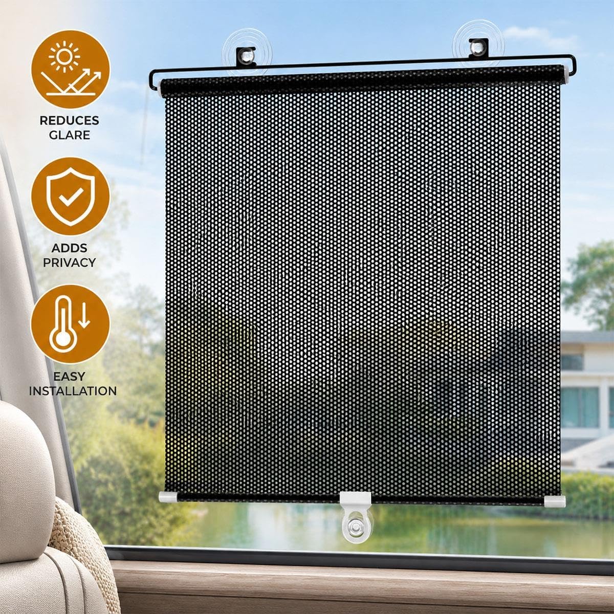Store Enrouleur Pare-Soleil Rétractable à Ventouses, sans Perçage, Store de Fenêtre en Maille Filtrante pour Maison, Voiture, Camping-Car, Bureau, Porte Vitrée(W 70 x 100 cm)