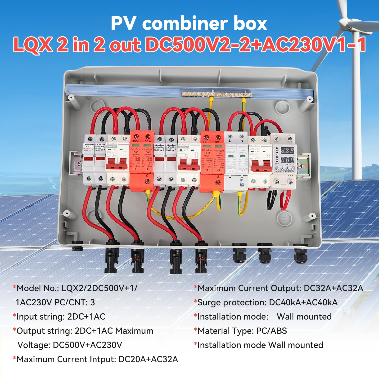 Protezione da sovratensione in PVC, DC500V2-2-2+AC230V1-1, scatola di collegamento solare, protezione flash, interruttore di separazione CC, impianto PV, 2 corde 2DC+1AC, DC Combiner Box, interruttore