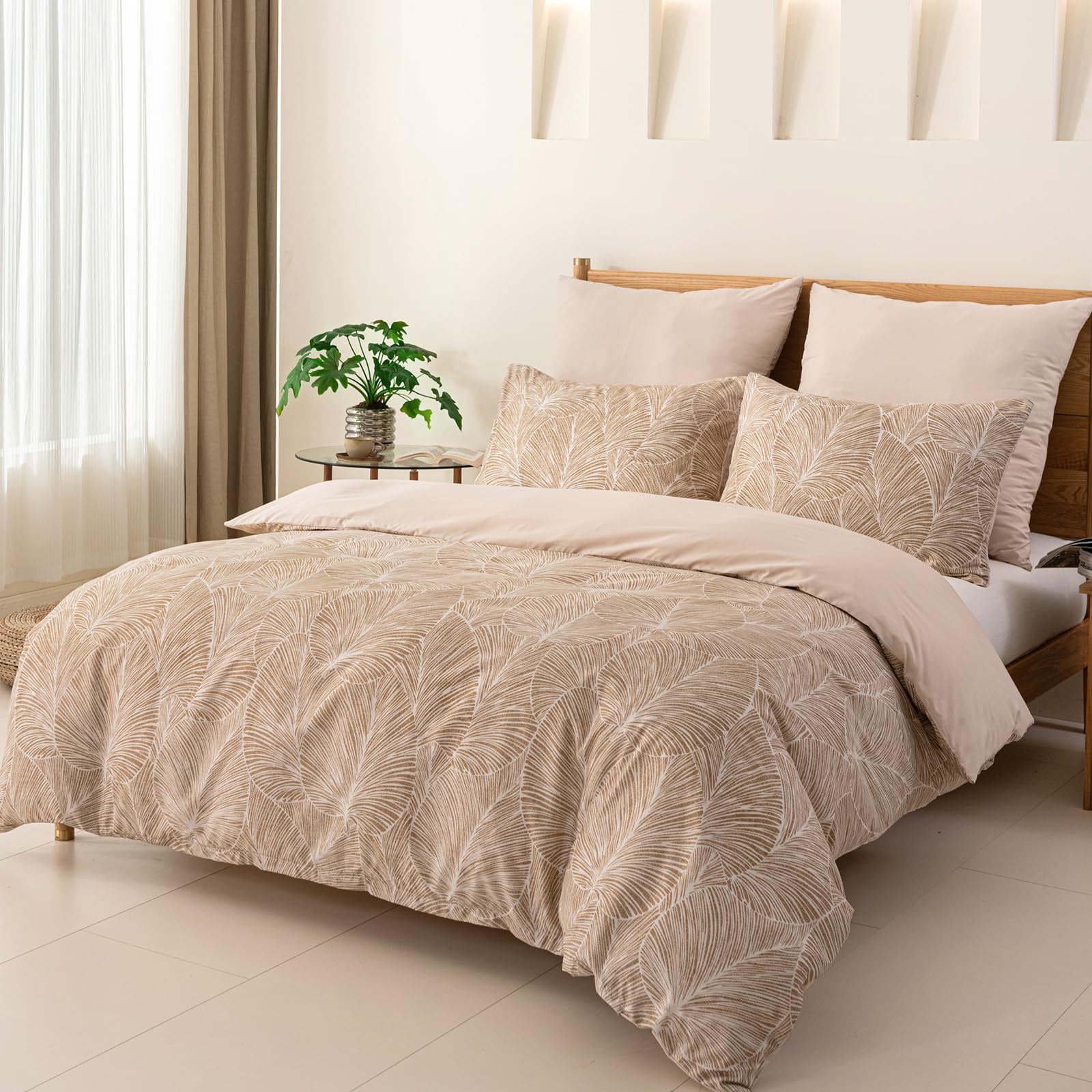 Tokokimo Set Copripiumino Matrimoniale 240x220 cm, Copripiumino Matrimoniale 3 Pezzi in Microfibra Con Motivo a Ramoscelli e Foglie, Comprendente 1 Copripiumino 240x220 + 2 Federe 50x80, Khaki