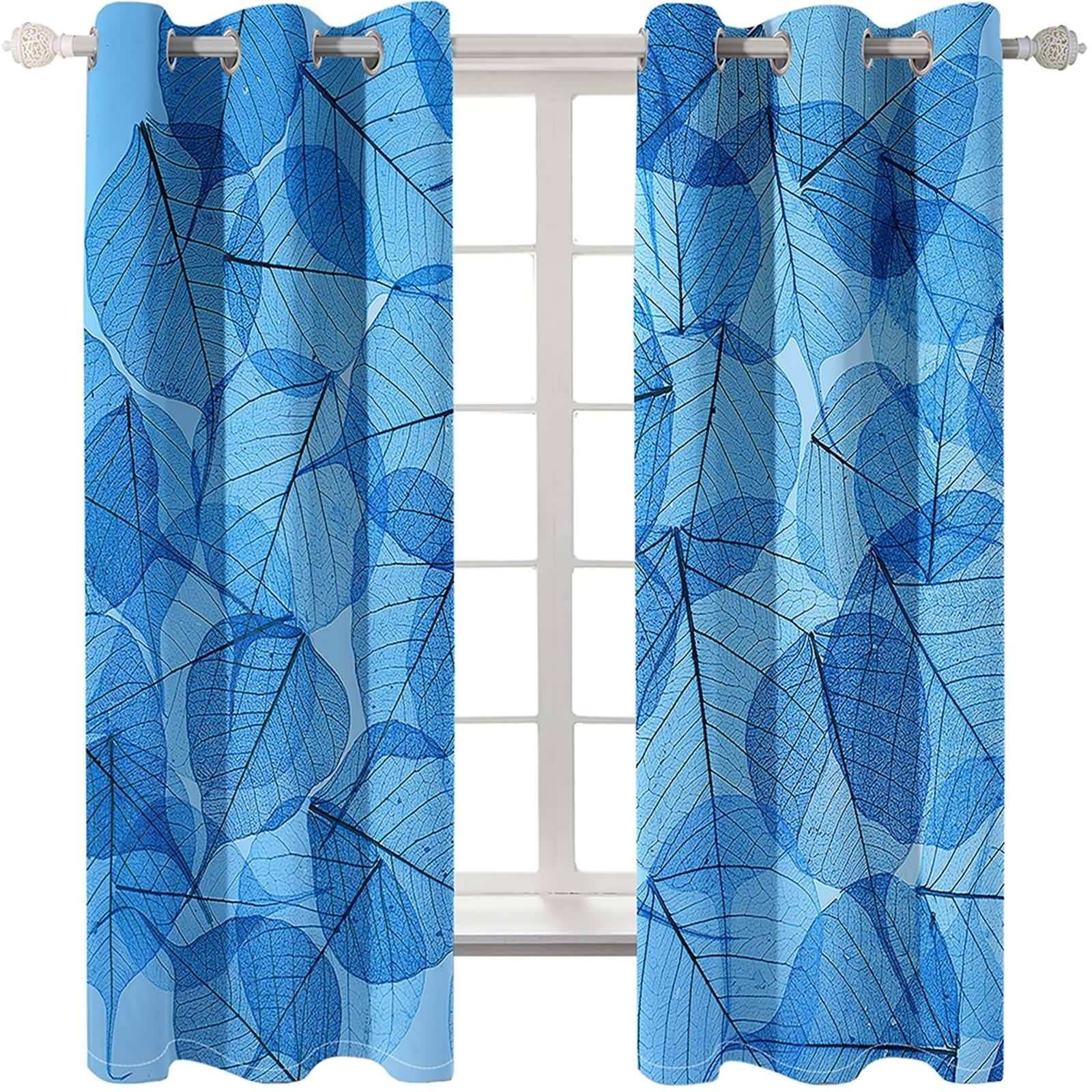 Blickdichter Vorhang mit Ösen, 86x183cm Blau Schwarz Blaue Blätter Verdunklungsvorhänge mit Ösen