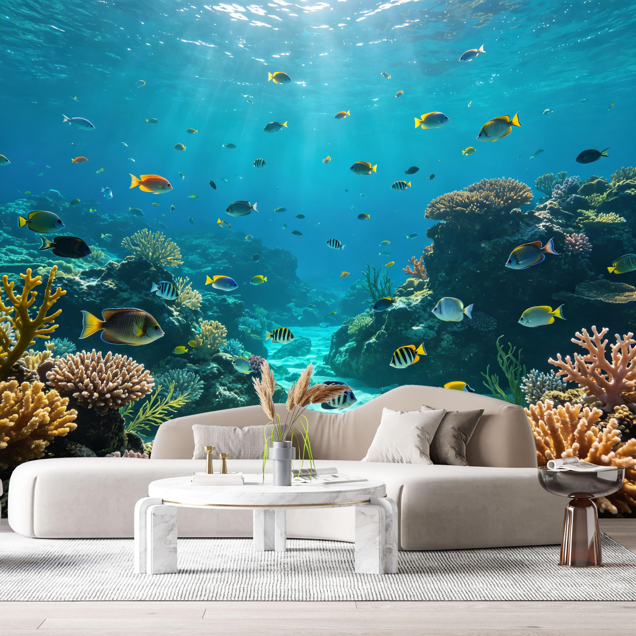 Custom Size Wall Murals Ocean Marine Tropical Coral Reef Vibrant Fish 3D Underwater SelfAdhesiveWall Fabric Removable Wallpaper Wall Decor for Living Room Bedroom Bathroom