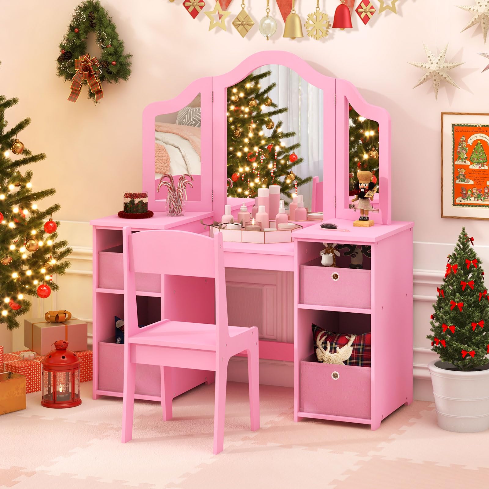 COSTWAY Tocador de Maquillaje Niña con Silla, 2 en 1 Mesa de Maquillaje con Espejo Plegable y Removible, 4 Contenedores de Almacenamiento, Mesa Tocador Infantil de Madera (Rosa, con cajones)