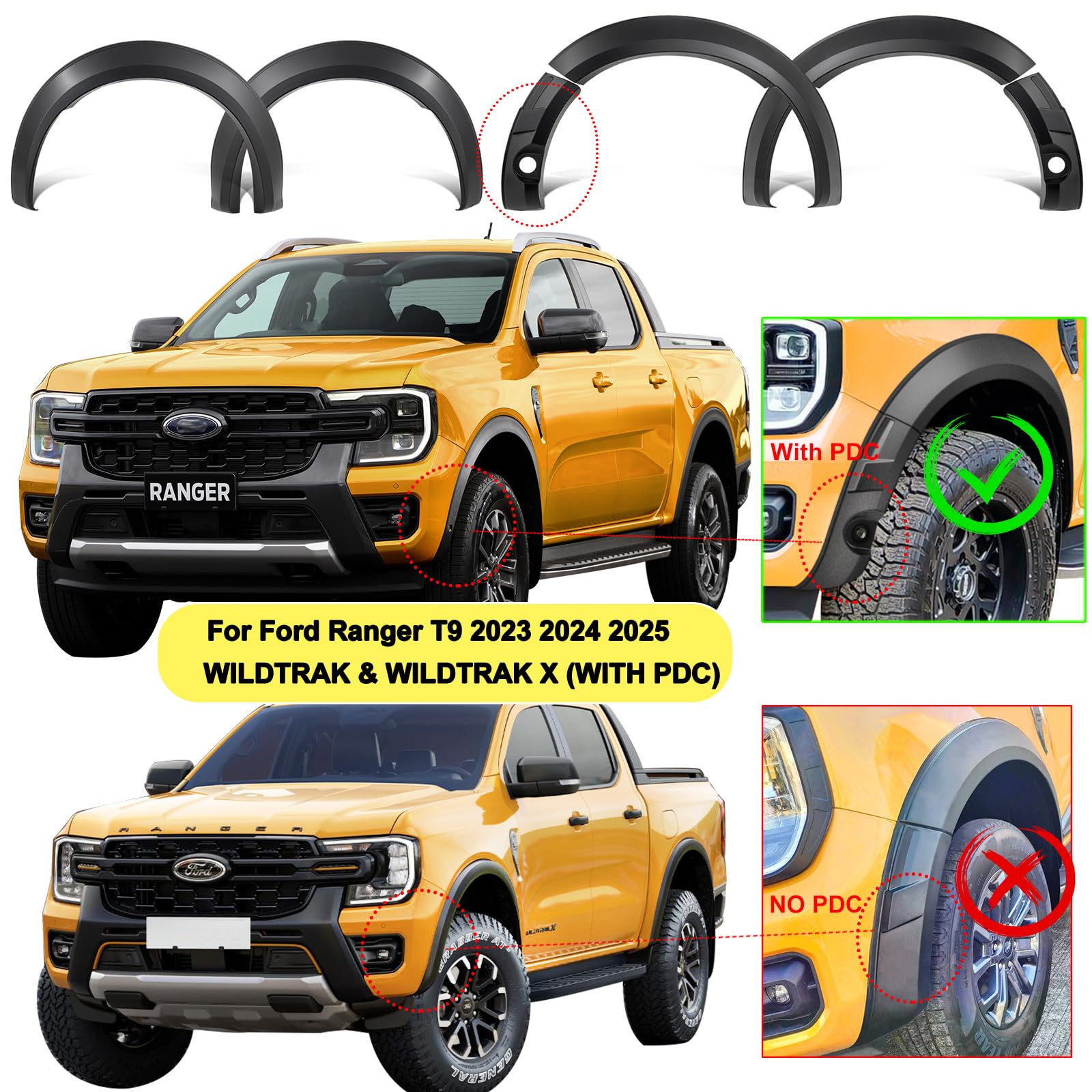 Kotflügelverbreiterung Ford Ranger T9 2023-2026 Wildtrak X und Wildtrak mit PDC, Kotflügel Radlauf Verbreiterungen ABS Pickup Zubehör, Steinschlag und Schmutz, Schwarz