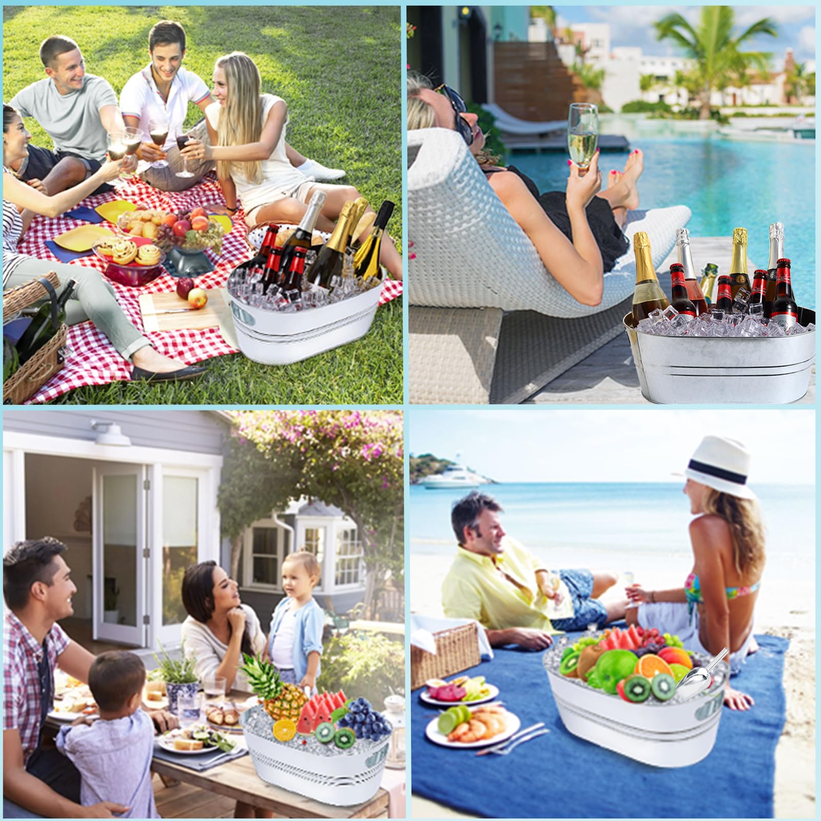 Verzinkter Eiskübel, groß, verzinkt, mit Schaufeln, Eiskübel für Partys, Mimosen, Bar, Zubehör mit Tragegriffen, Metall-Getränkewanne für Champagner, Cocktails, Bier, Getränke, Wein, 4 Stück
