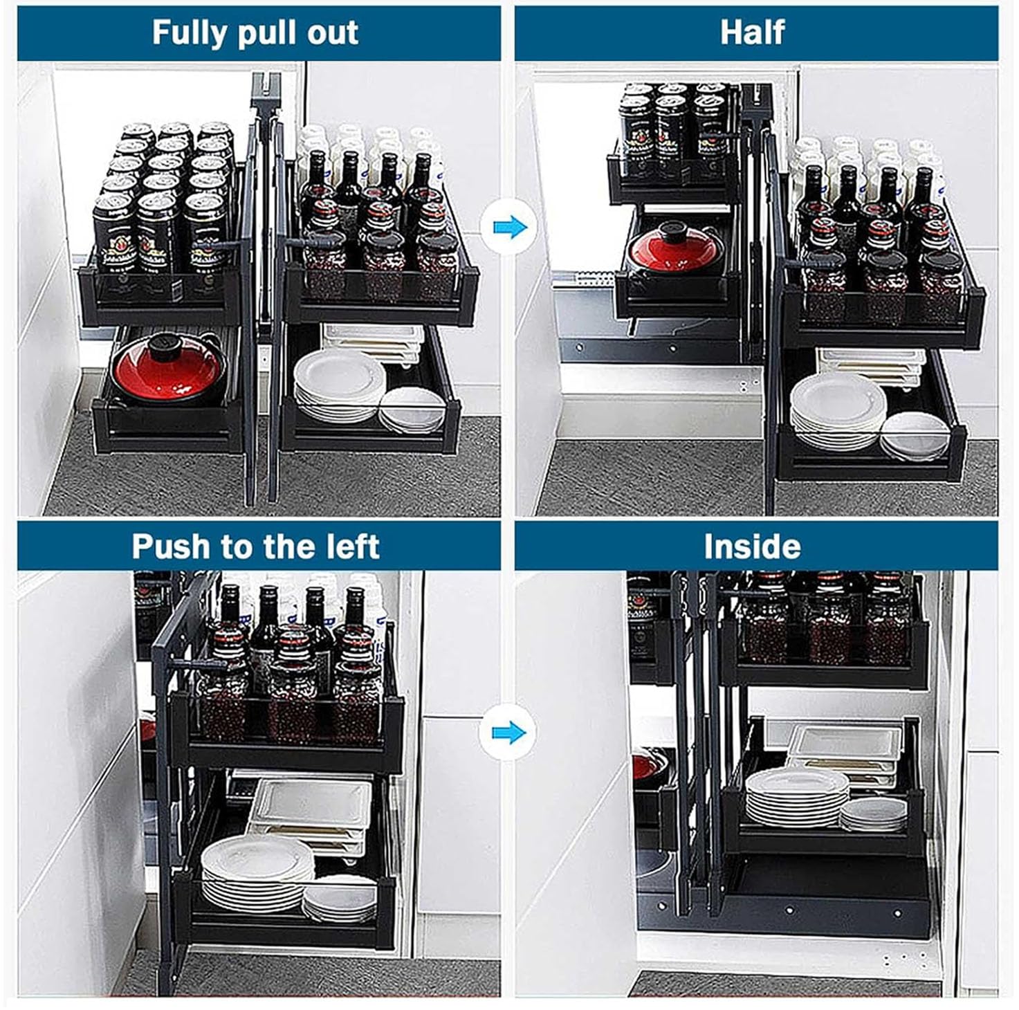 Organisateur D'Armoire d'angle Aveugle avec 4 Paniers Rangement pour Placard De Cuisine Montage Au Sol Fermeture Douce Compatible avec Ouverture à Gauche Et à Droite,31cm Min Opening