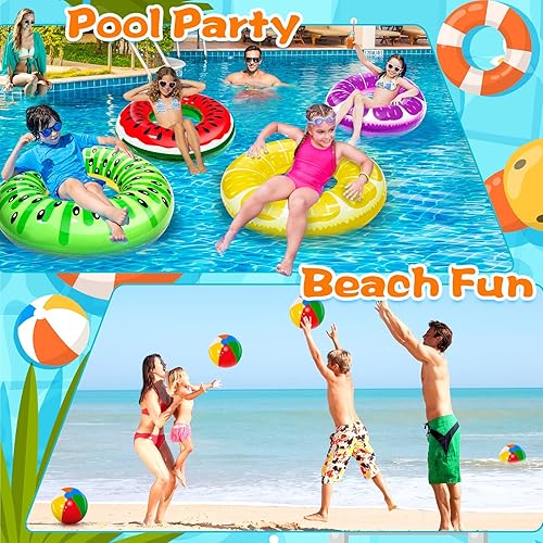 Miniatura 2 de Paquete de 8 flotadores inflables de piscina para niños, 4 tubos de natación de frutas y 4 bolas de playa, flotadores de piscina, juguetes de playa