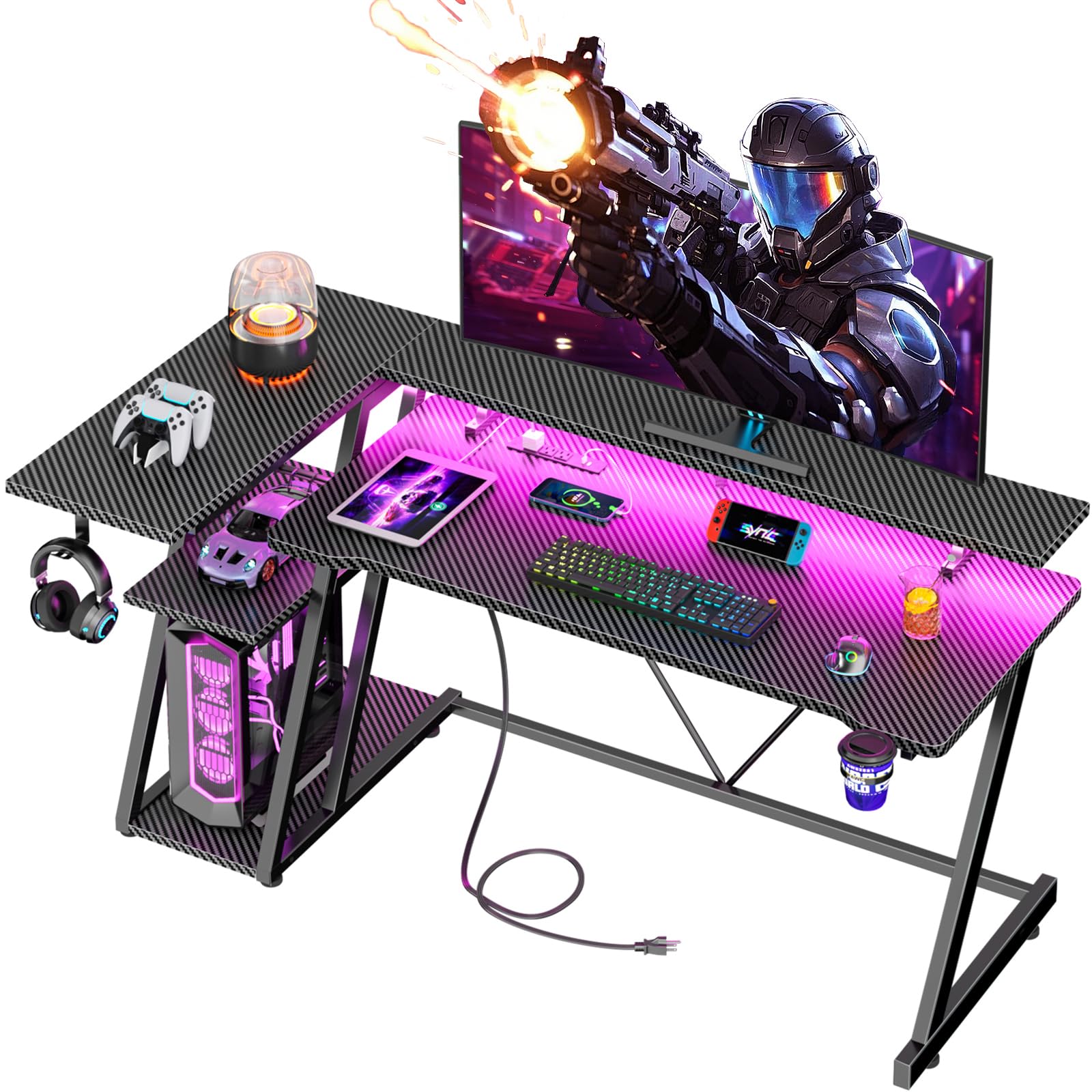 Korfile 55 Inch Gaming Desk with Power Outlet & LED Lights, L Shaped Gamer Computer Table with Storage Shelves for Bedroom, Corner Home Office Desk,