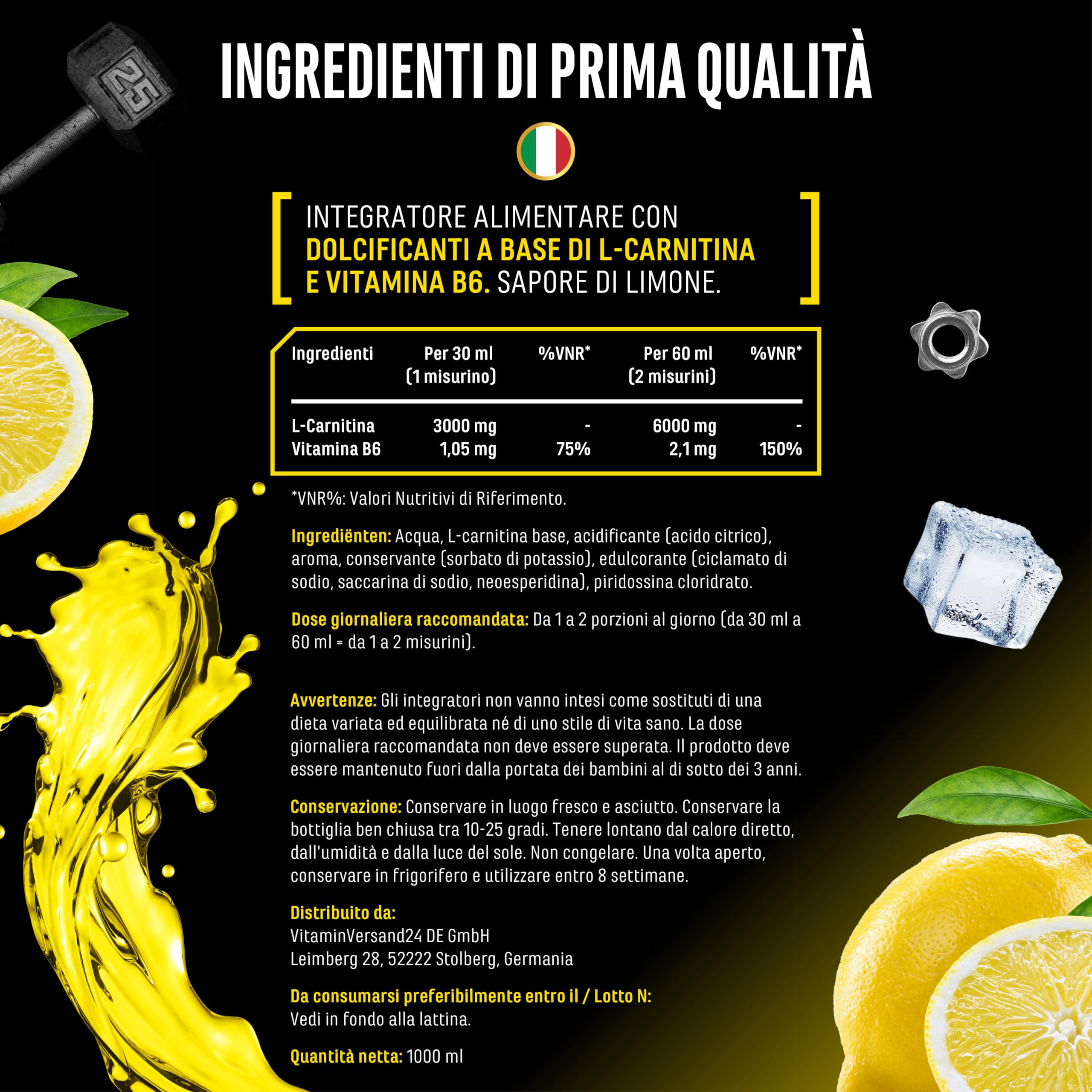 L-Carnitina 6000 Liquido - 1000 ml - Dosaggio extra elevato con 6000 mg di L-carnitina pura per dose giornaliera - Bevanda aminoacida per l'allenamento - Gusto delizioso (Lemon Boost) - Vegano