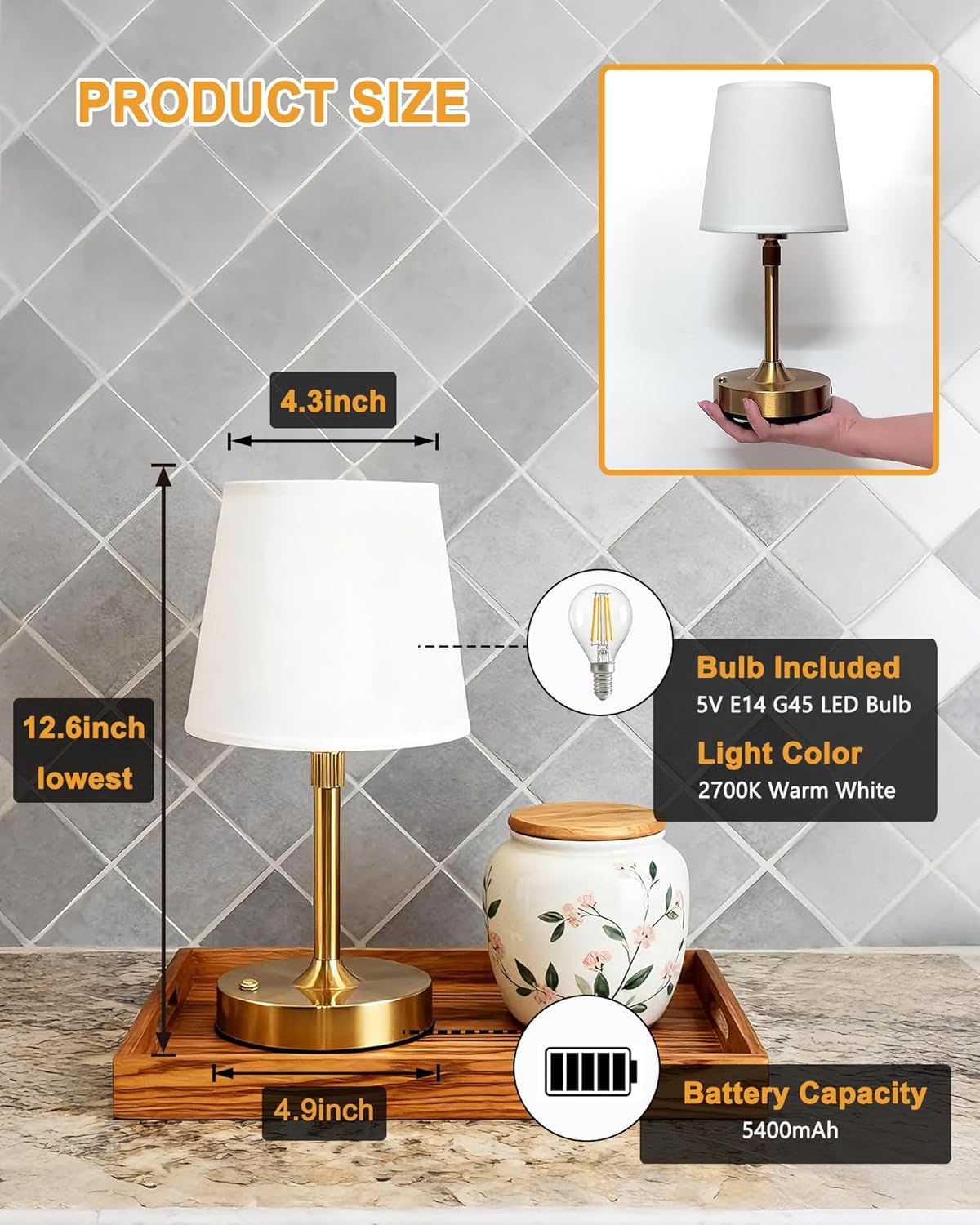 Small Cordless Table Lamp, Dimmable Rechargeable Lamp, 5000mAh Battery Operated, Portable Gold Touch Desk Lamp for Bedside, Kitchen, Counter, White Fabric Shade, E14 2500K Bulb Included