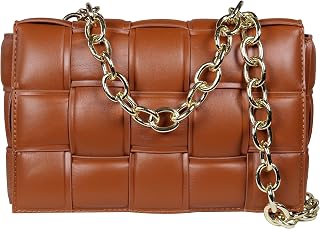 Woven Padded Cassette- Crossbody Handbag Purse for Women, Small Shoulder Bag With Chain (Khaki/Coffee)